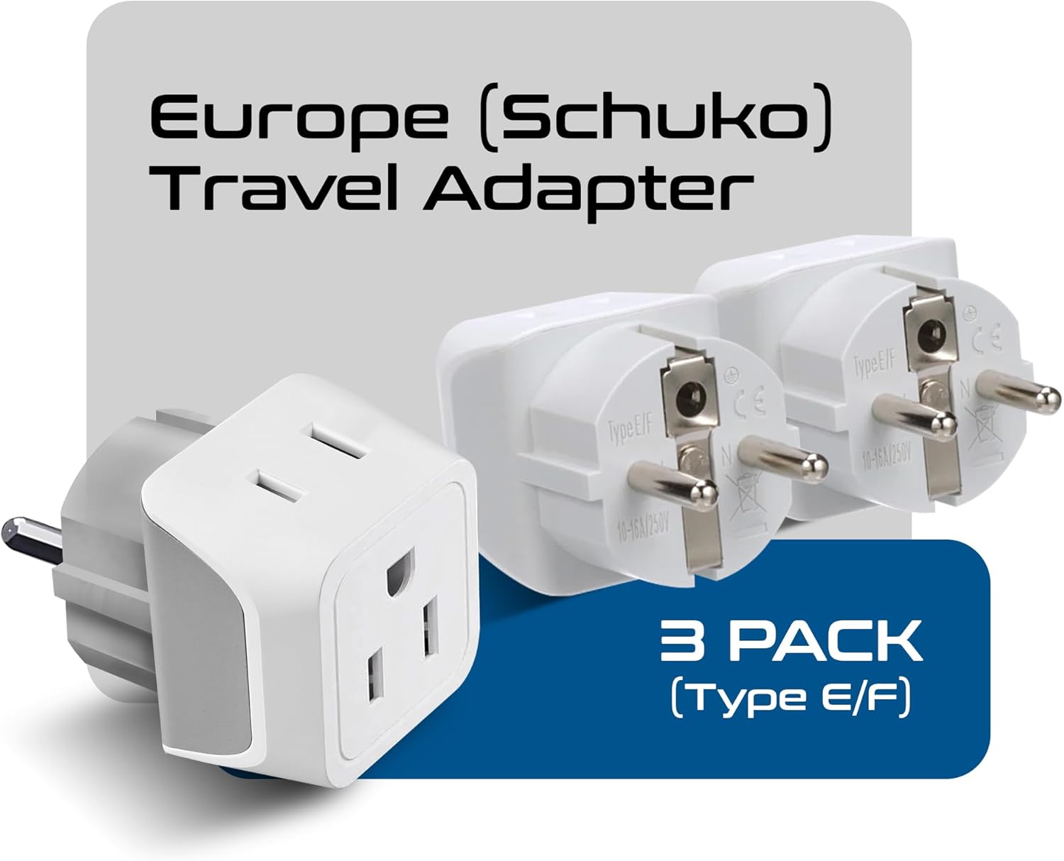 Detalle de Ceptics Schuko Germany/France Plug Adapter (3 Pack) – Dual Input, Ultra-Compact