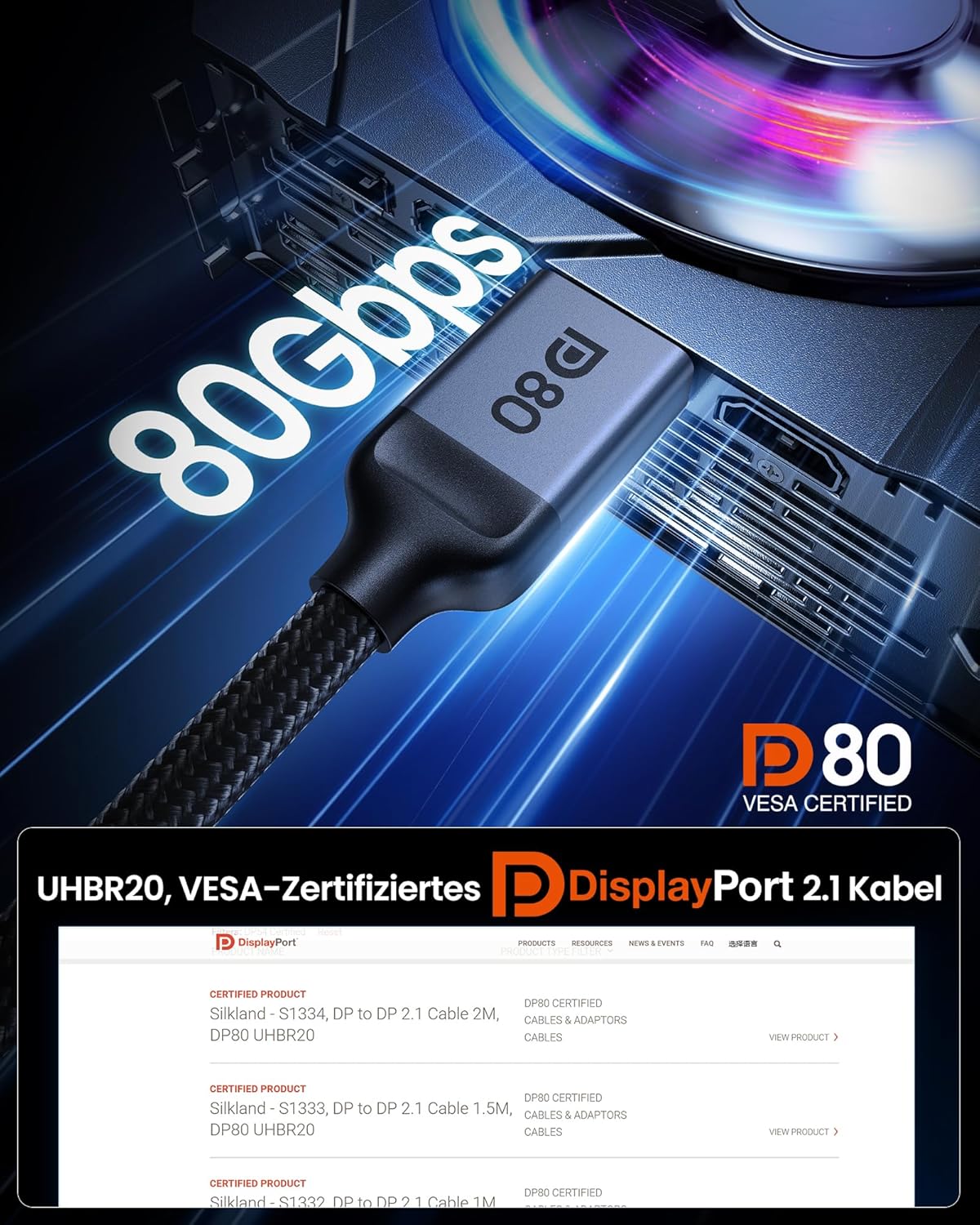 Thumbnail 3 de Silkland DisplayPort 2.1 DP80 Kabel (80 Gbps, 50 cm, VESA-zertifiziert) für 8K@240 Hz und Gaming-Setups