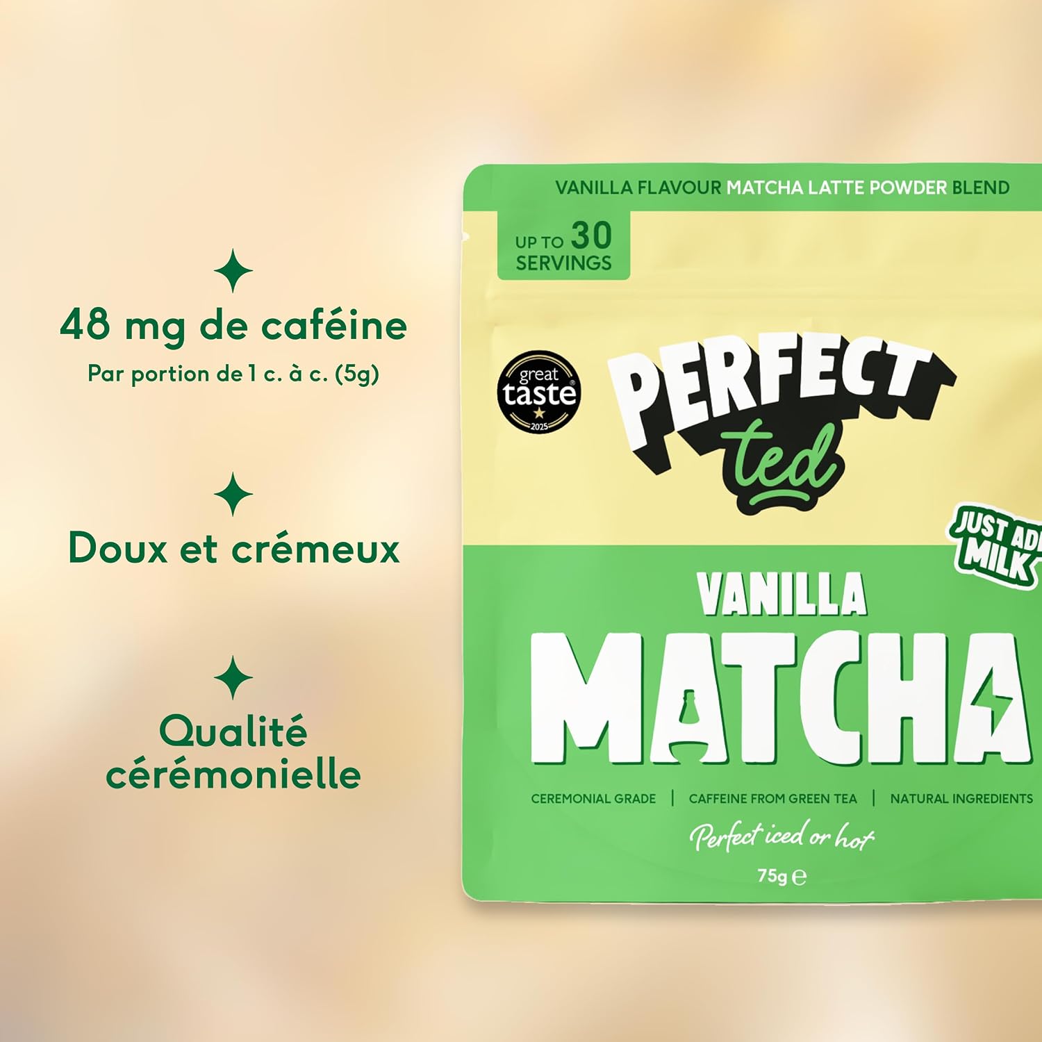 Detalle de PerfectTed Poudre de Matcha Vanille – Qualité cérémoniale, 75 g