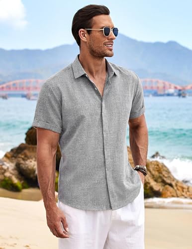 Detalle 2 de COOFANDY Mens Hawaiian Shirt Short Sleeve Striped Button Down Beach Shirt in Grey (Size L)