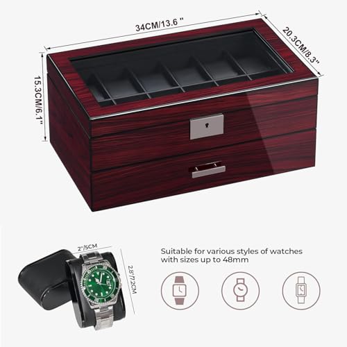 Detalle 2 de ANWBROAD Caja de Relojes con 12 Ranuras y Tapa de Cristal – Joyero para Hombre