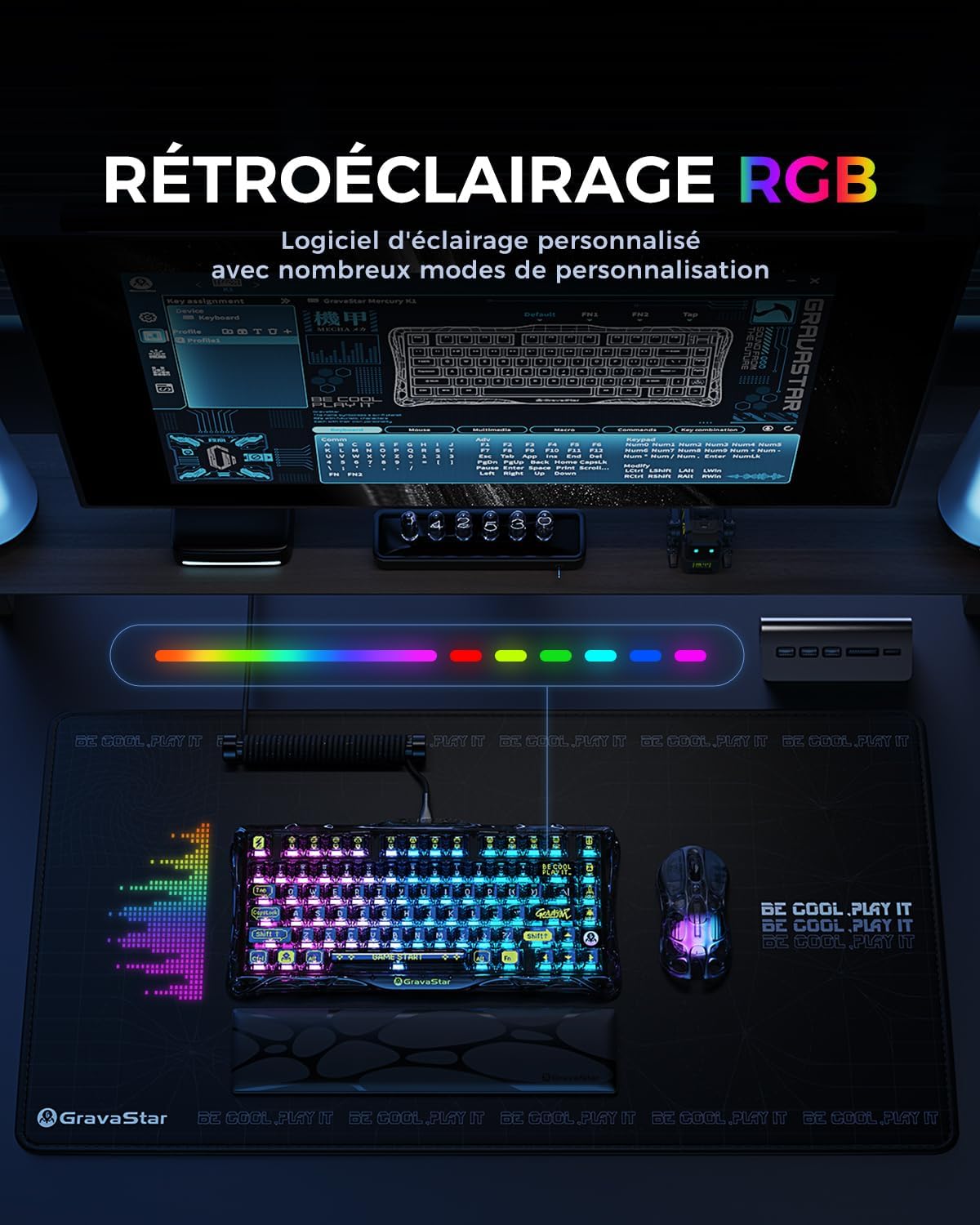 Thumbnail 4 de GravaStar Mercury K1 Lite clavier mécanique 75% RGB rétroéclairé (BT 5.0, 2,4G, Type-C) QWERTY noir transparent