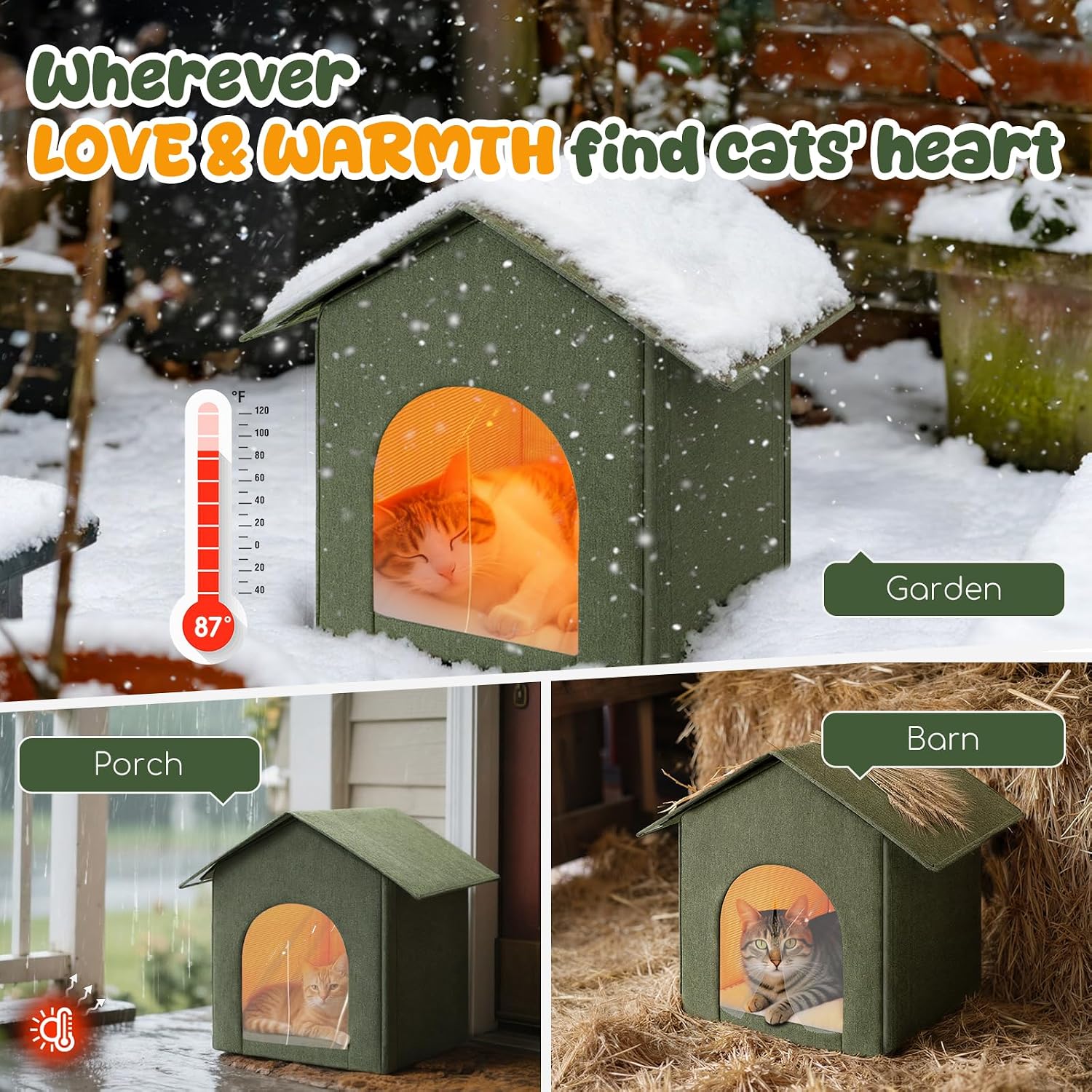 Detalle 2 de Fecuria outdoorcathouse Insulated Outdoor Cat House, Green, Waterproof Oxford Fabric