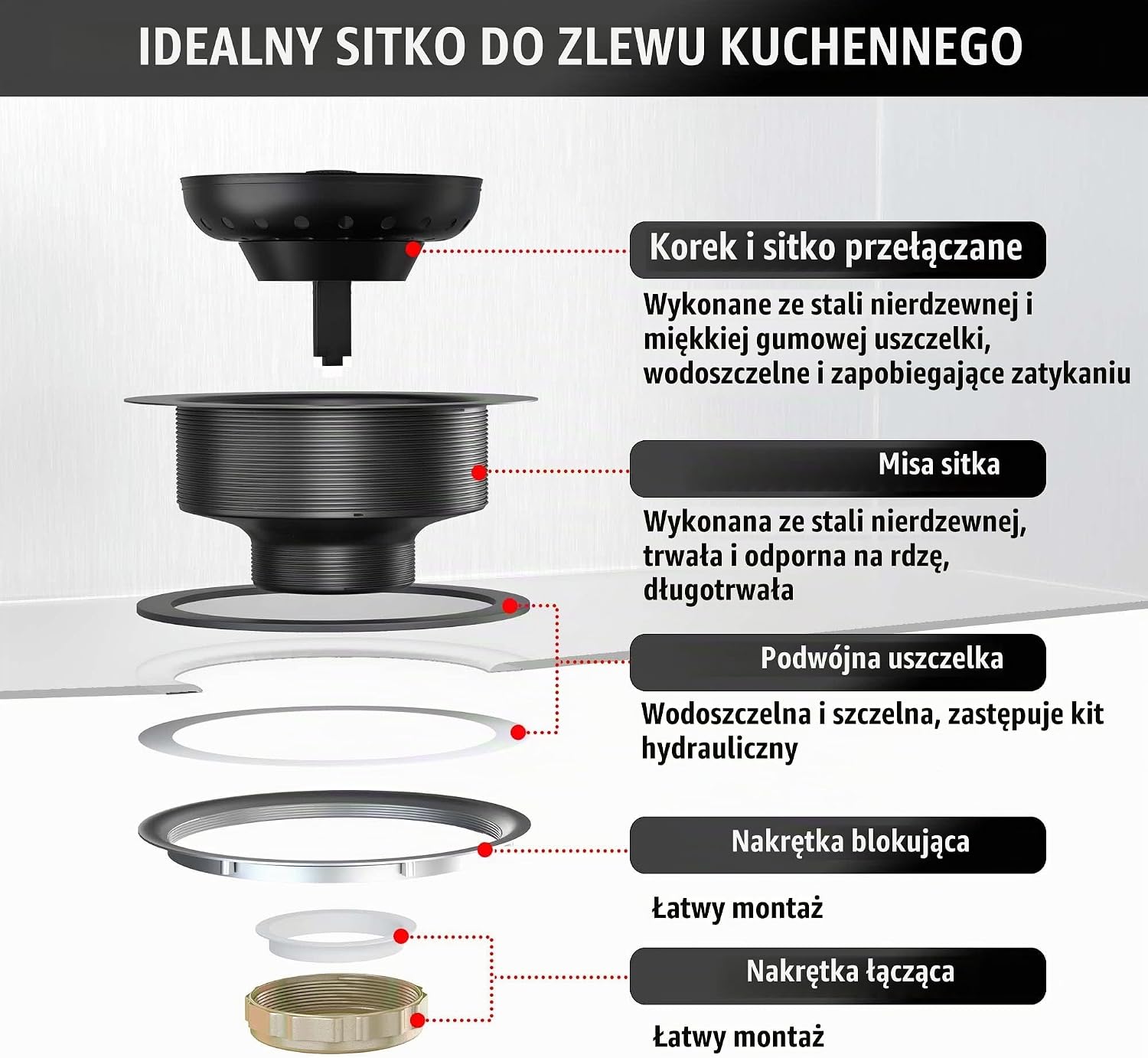 Thumbnail 6 de EXAKEY odpływ do zlewu kuchennego, stal 304, matowa czerń i wyjmowany koszyk