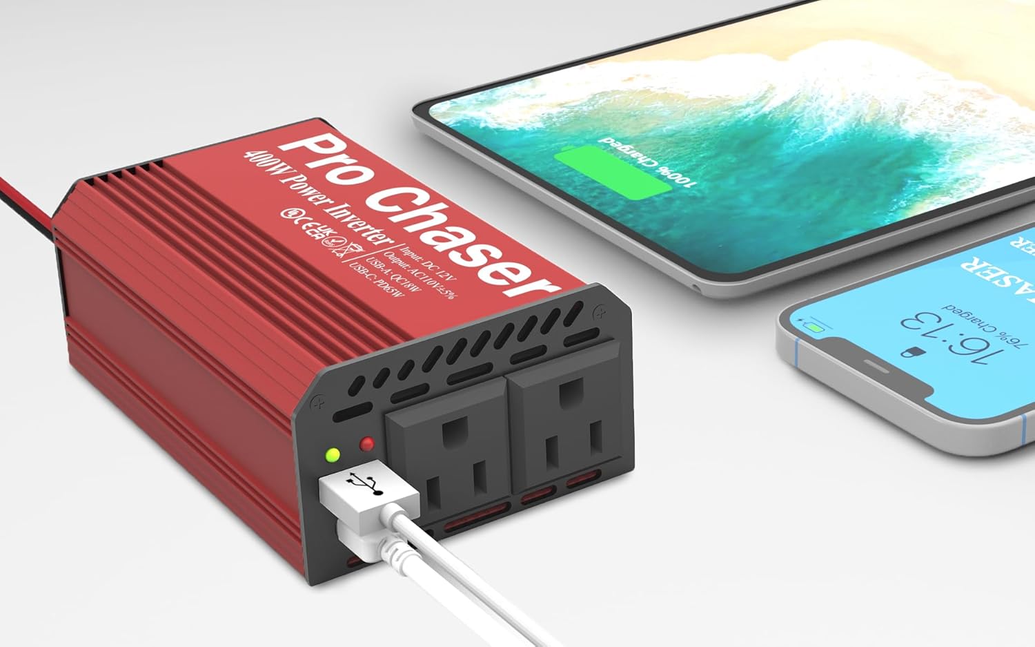 Detalle de Pro Chaser 400W Power Inverter for Vehicles (DC 12V to 110V AC) with USB-C PD 65W + Dual AC Outlets