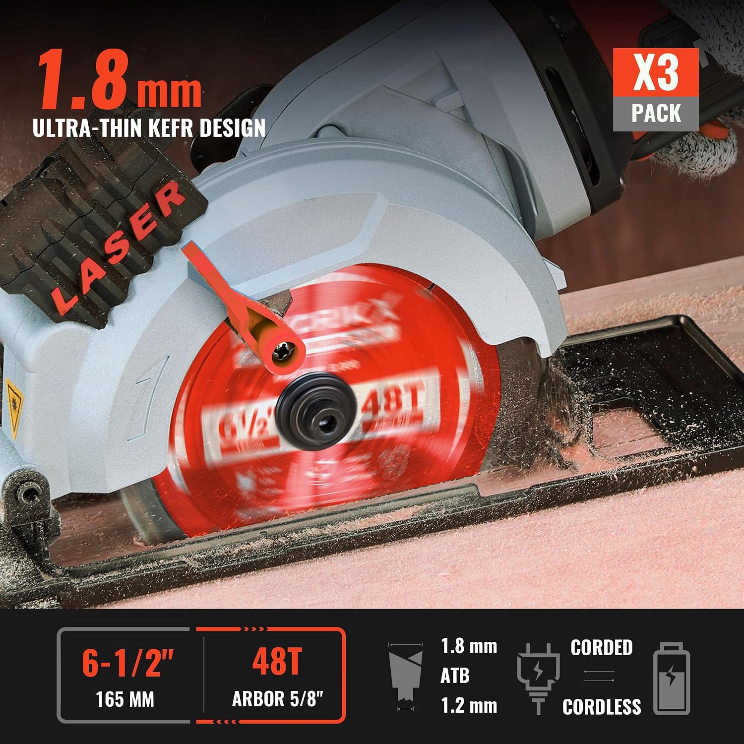Thumbnail 1 de NovorikX 6-1/2" 48T Tungsten Carbide Circular Saw Blades (3-Pack) – 5/8" Arbor, Thin Kerf