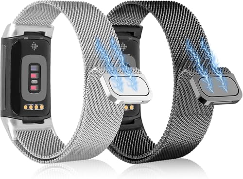Detalle de ELUTENG Sport Armband für Fitbit Charge 6/5 – 2er-Set Metallgeflecht, Magnetverschluss, Schwarz/Silber