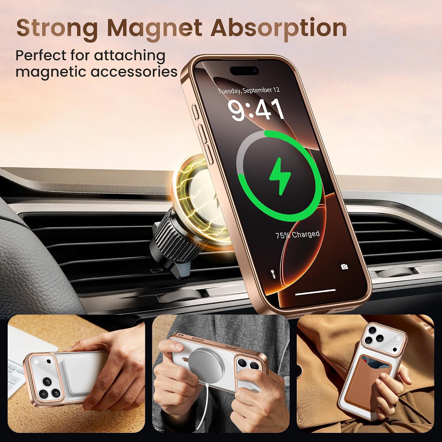 Detalle 2 de GolbinBox iPhone 17 Pro Case with Stand (6.3 inches) for MagSafe, Rose Gold/Clear