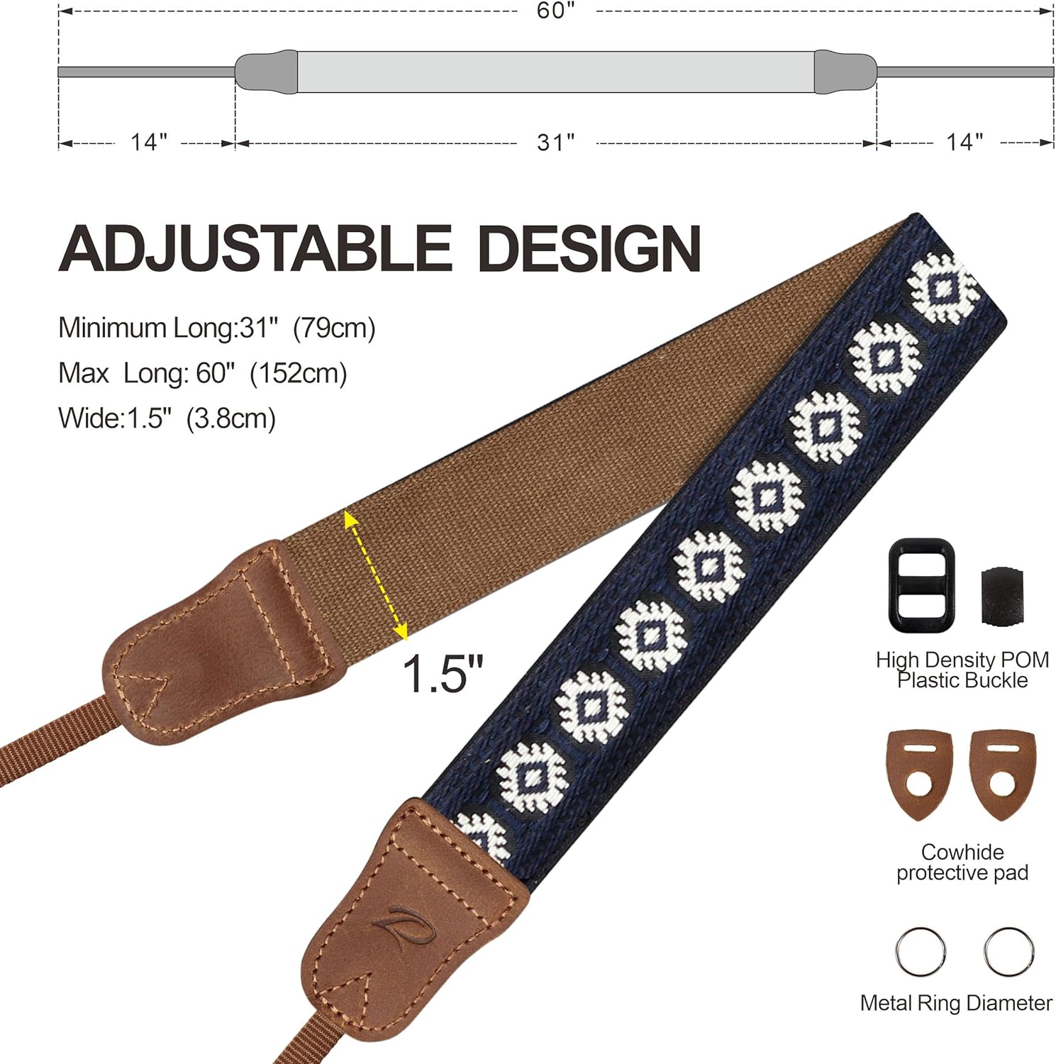 Thumbnail 5 de Cowhide 1.5" Vintage Blue Camera Strap 📷