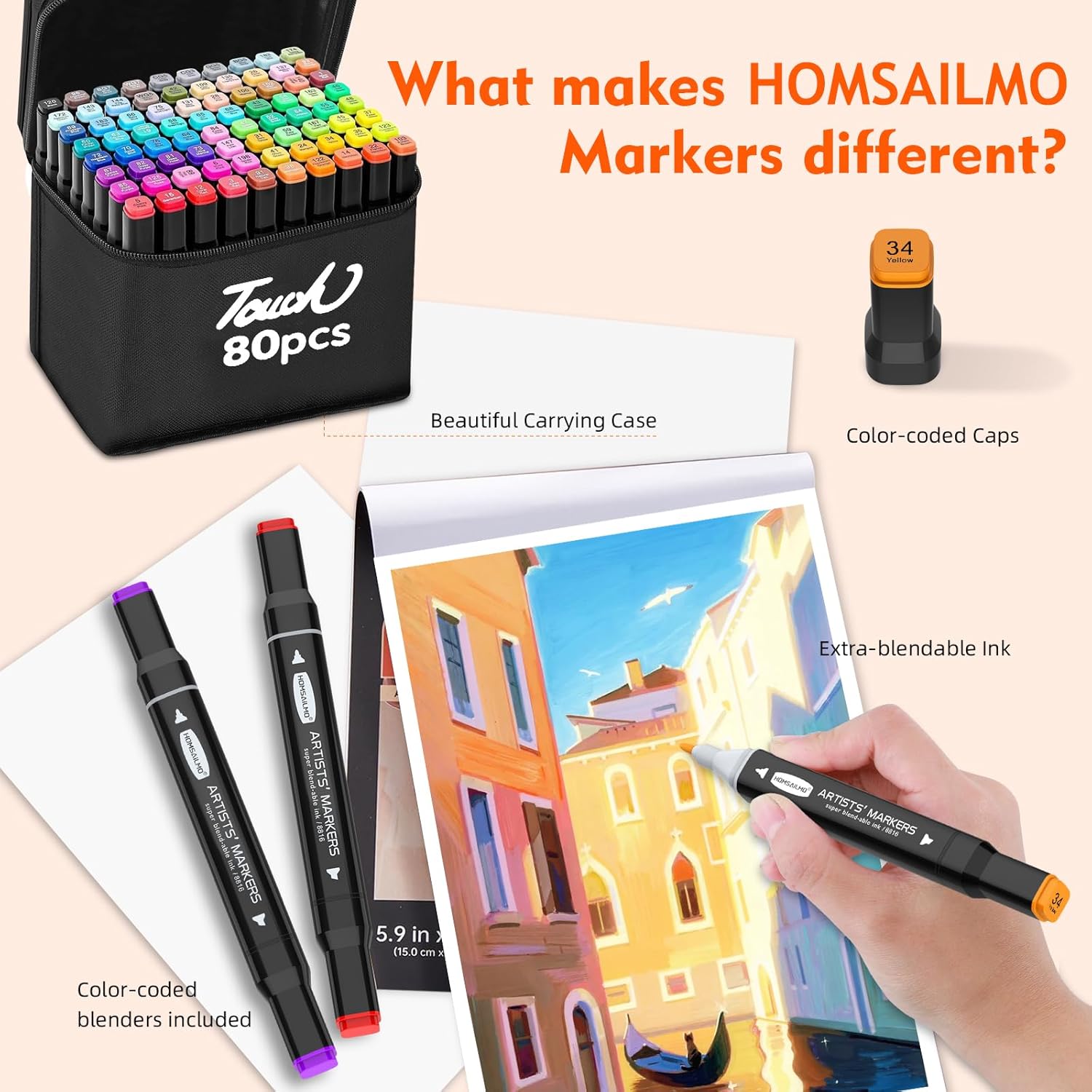 Detalle de HOMESILMO 80-Colour Alcohol Markers Set: Double-Point Precision for Creative Adults