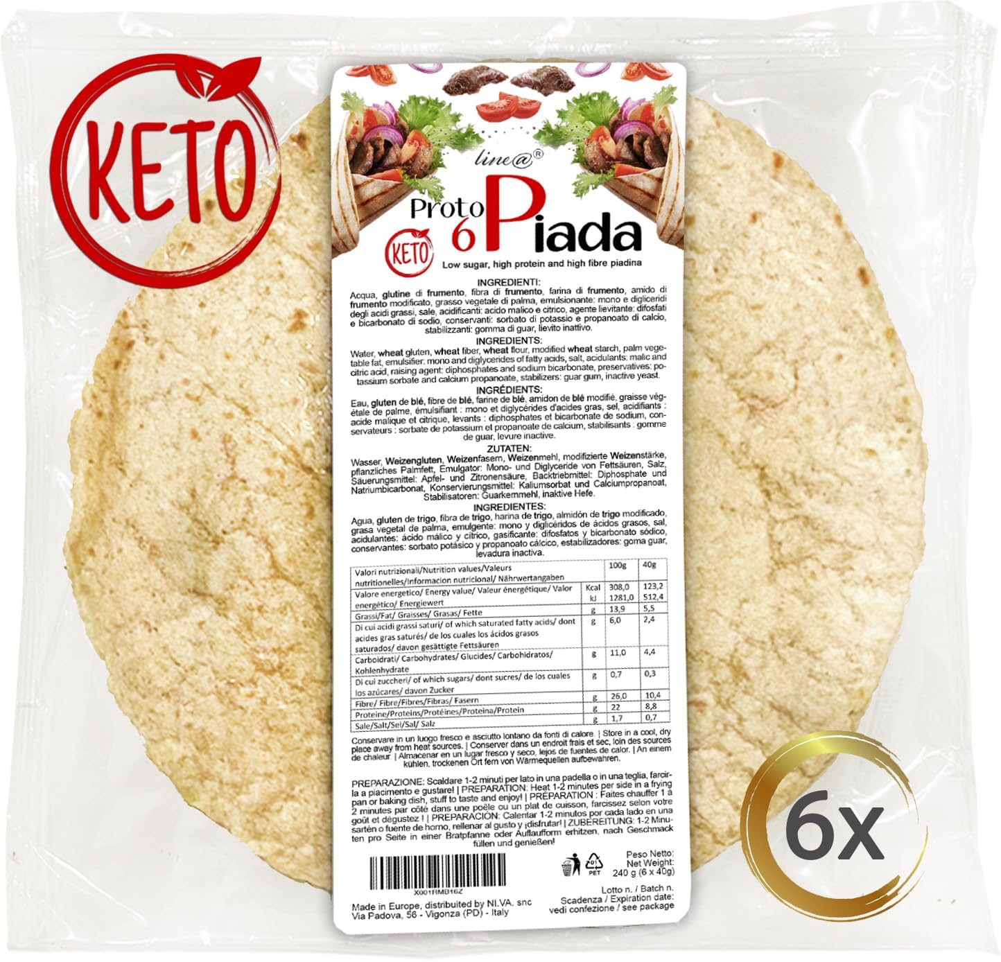 Detalle de 6 PROTOPIADE KETO Line@diet – Piadine chetogeniche ad alto contenuto proteine, Fase 1, confezione da 6 piadine da 40 g