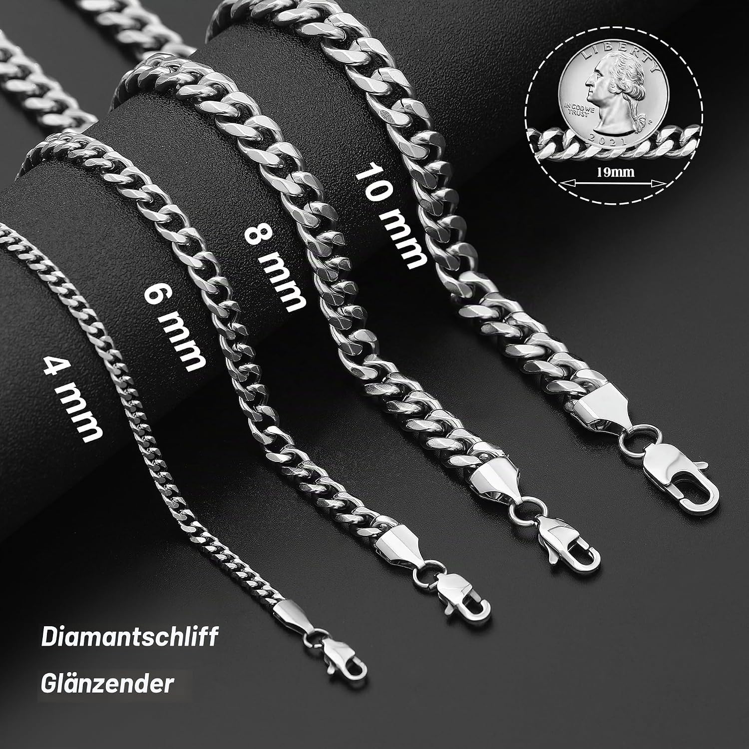 Detalle de FUNEIA Halskette Herren Edelstahl Panzerkette 46 cm, 4 mm – Silber, kubanische Gliederkette