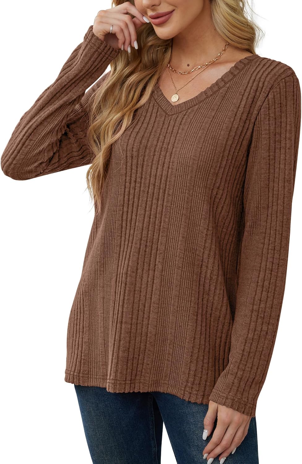 Thumbnail 3 de GLEENOD Damen Pullover mit V-Ausschnitt – leichtes Langarm-Sweatshirt aus Polyester-Spandex