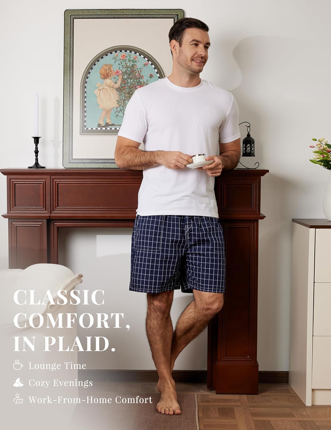 Detalle de MoFiz Men's Plaid Pajama Shorts 3-Pack: Lightweight Woven Cotton Sleep & Lounge Bottoms