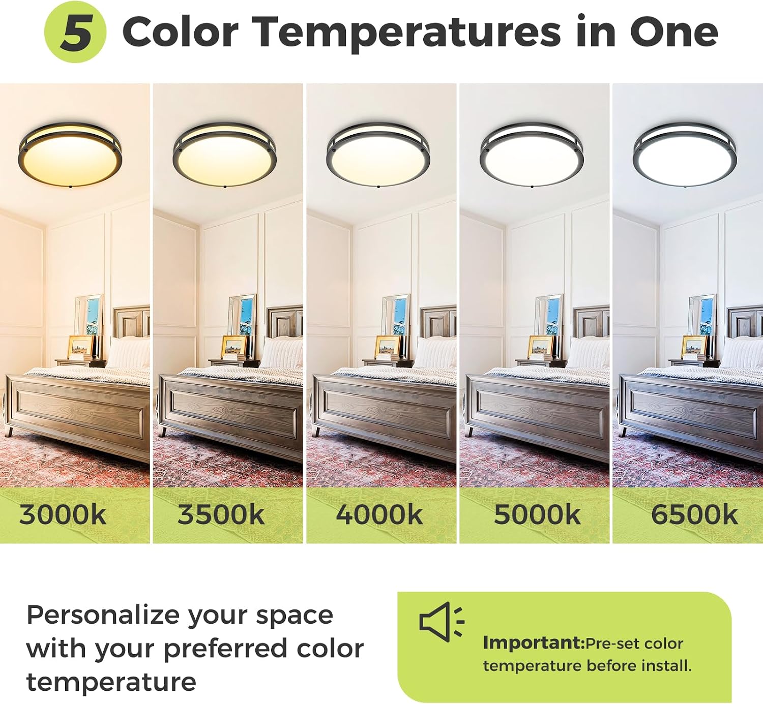 Thumbnail 3 de hepside 16-Inch 30W LED Flush Mount Ceiling Light, Black, 5 CCT, Dimmable