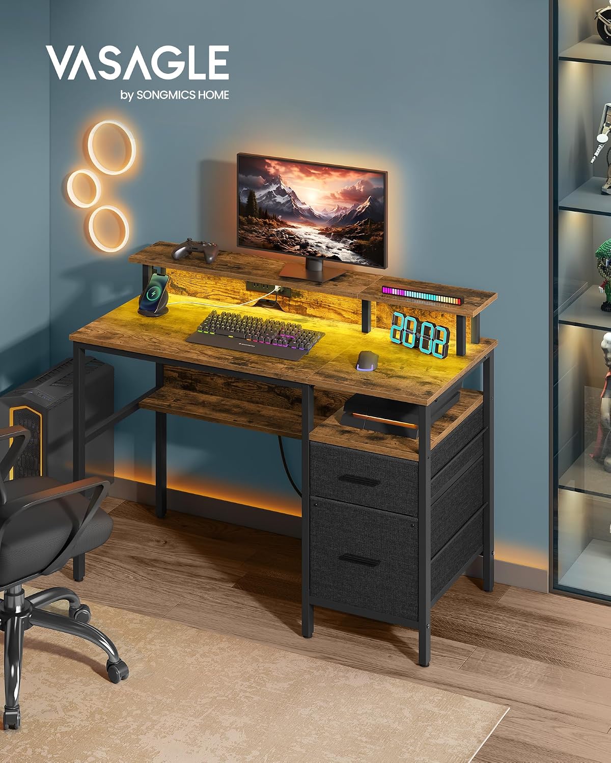 Detalle 2 de VASAGLE LWD093K02 computer desk with fabric drawers, monitor stand, LED lighting and built-in power outlets