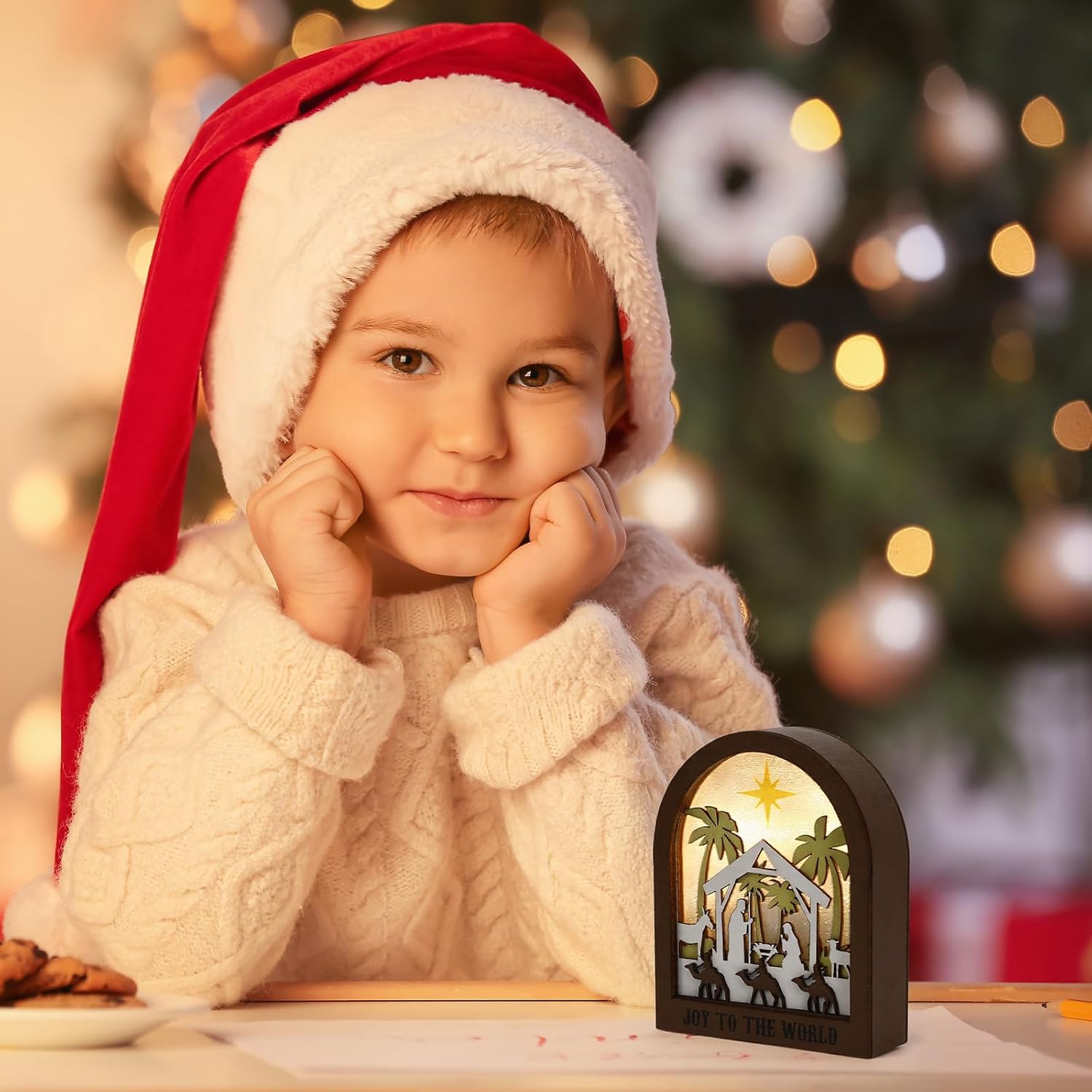 Detalle de JULEASEL Christmas Village Tabletop Decor, Layered Wood