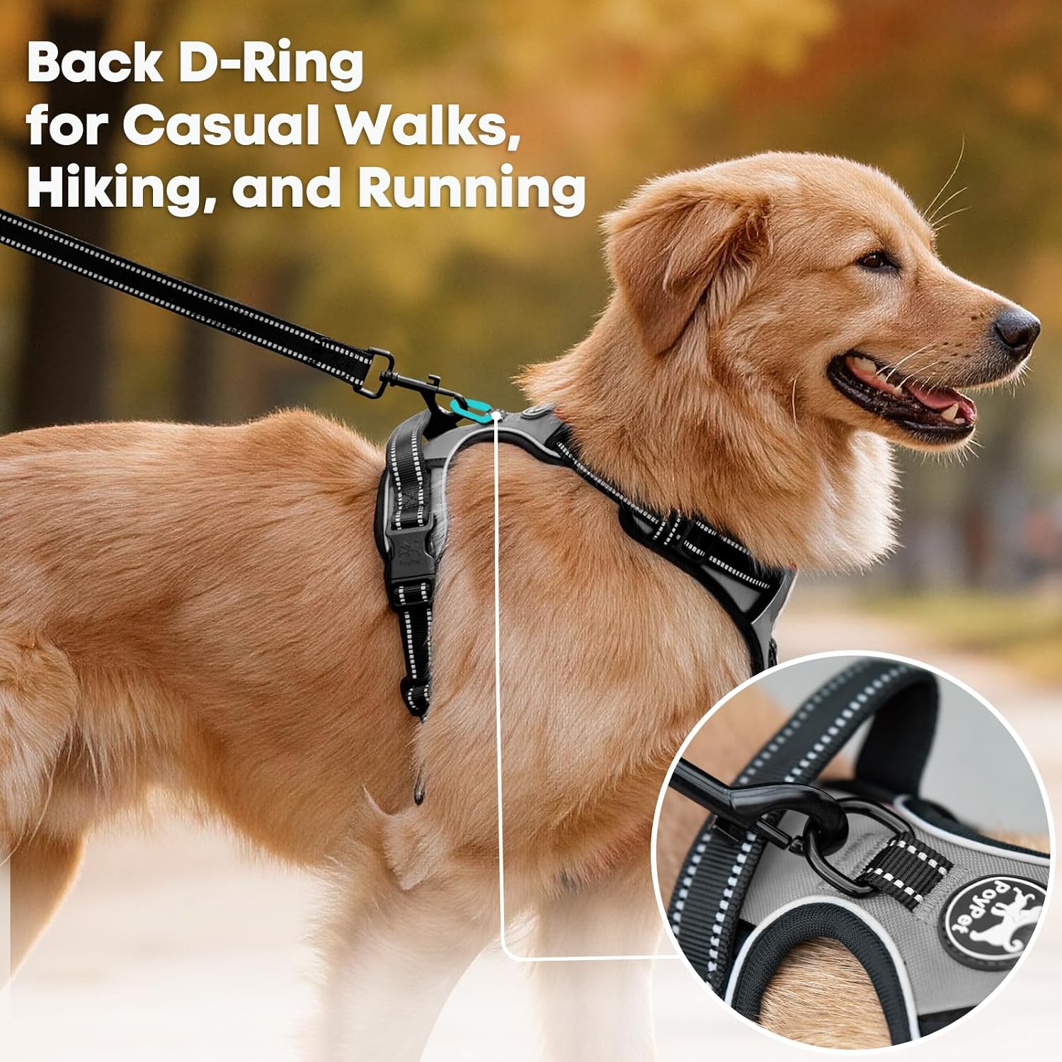 Detalle de PoyPet No Pull Dog Harness (Reflective Vest) with 2 Leash Attachments and Easy Control Handle, Grey