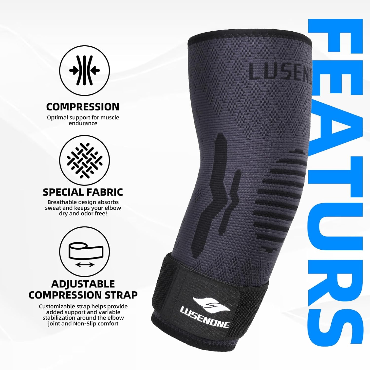 Detalle de Lusenone Elbow Support with Strap (Adjustable Compression Sleeve) for Tennis/Golfers Elbow, Tendonitis & Arthritis, Size M