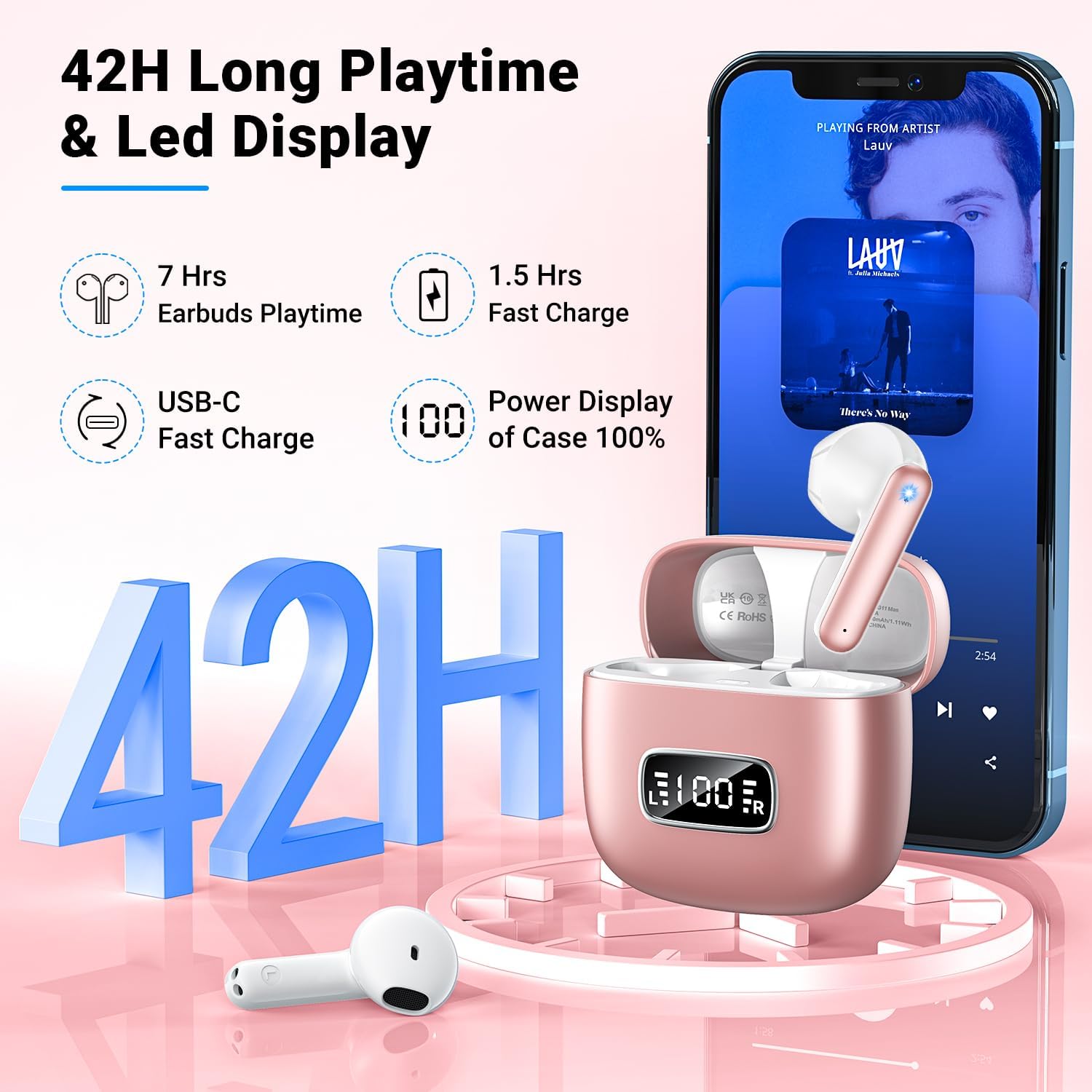 Detalle 2 de Godyse G11MAX Wireless Earbuds, Bluetooth 5.4, Up to 42 Hours, Pink