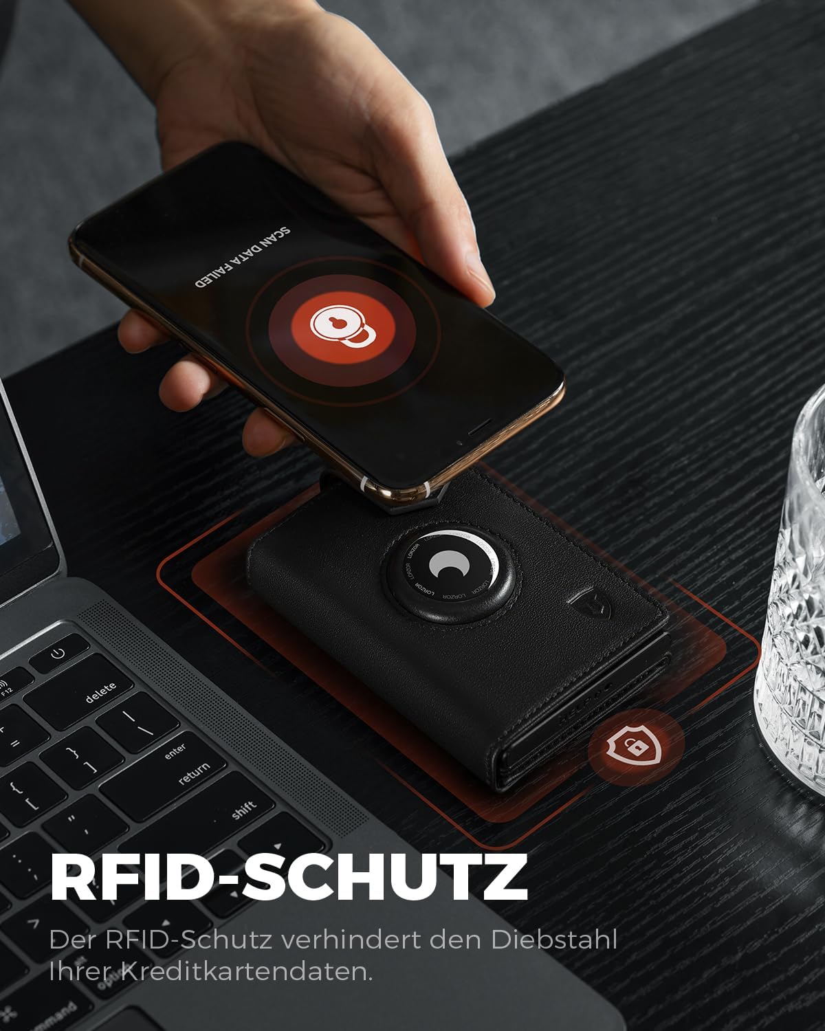 Thumbnail 5 de LORZOR Design für AirTag Wallet – schlanke Herren-Slim-Wallet aus Leder mit Münzfach, RFID-Blocker & Platz für 10 Karten (schwarz)