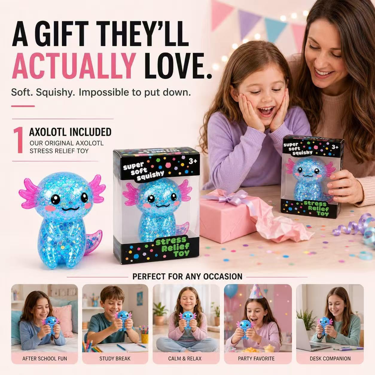 Detalle de HFZCZW Blue Axolotl Squishy Toy Set, Glitter-Filled TPR, 24 Count