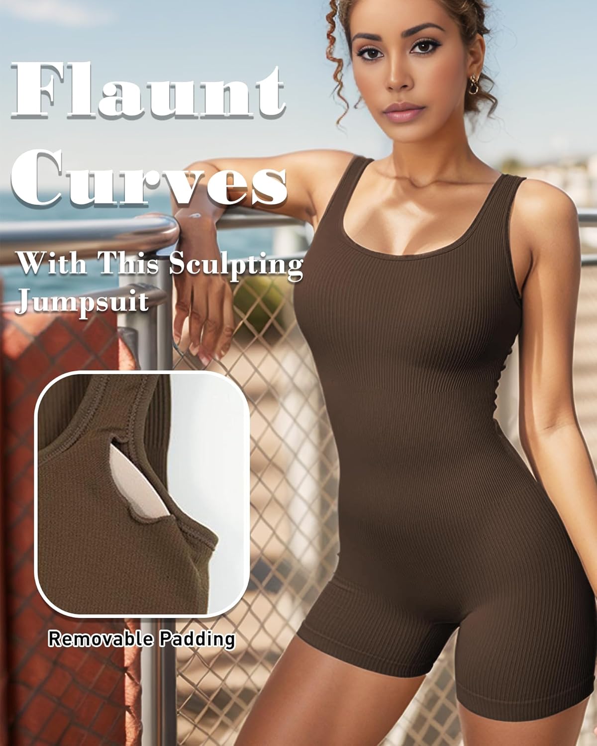 Thumbnail 1 de Merlvida Sport-Jumpsuit für Damen – kurzer, nahtloser Bodycon Overall mit herausnehmbaren Brustpolstern