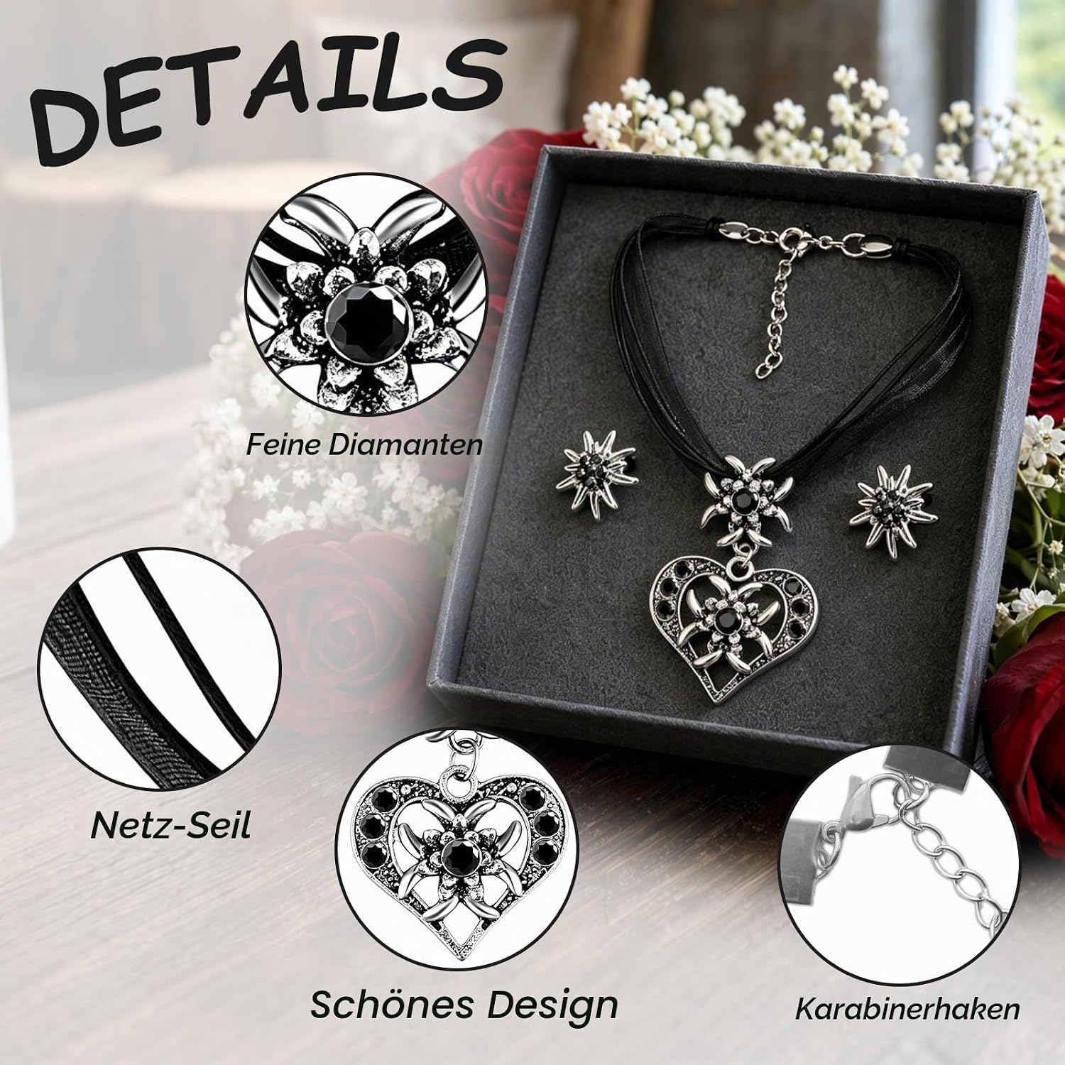 Thumbnail 2 de Homelyxe 3 Stück Trachtenschmuck Set Schwarz – Edelweiß Herz Anhänger für Dirndl, Oktoberfest