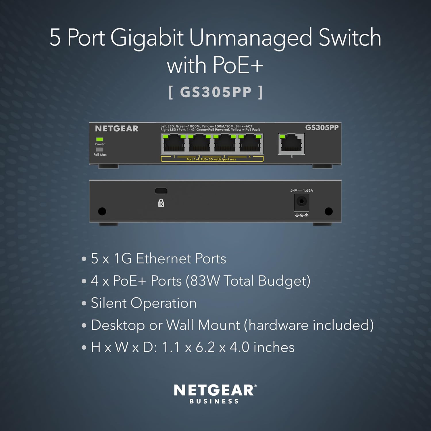 Detalle de NETGEAR GS305PP-300NAS 5-Port Gigabit PoE+ Unmanaged Switch, 83W