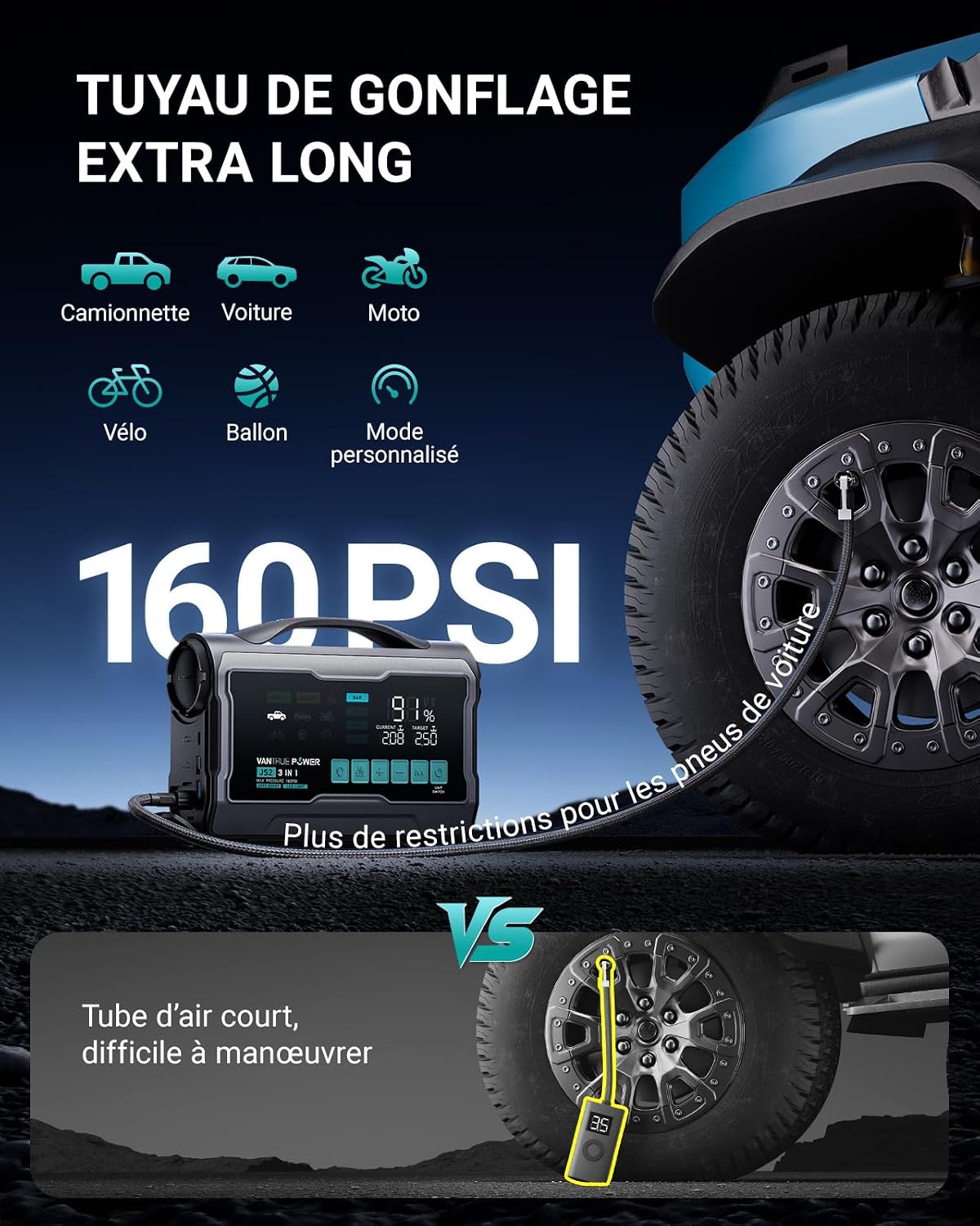 Thumbnail 2 de VANTRUE POWER JS2 2500A: Booster batteries et gonfleur 9" avec charge rapide et affichage en temps réel