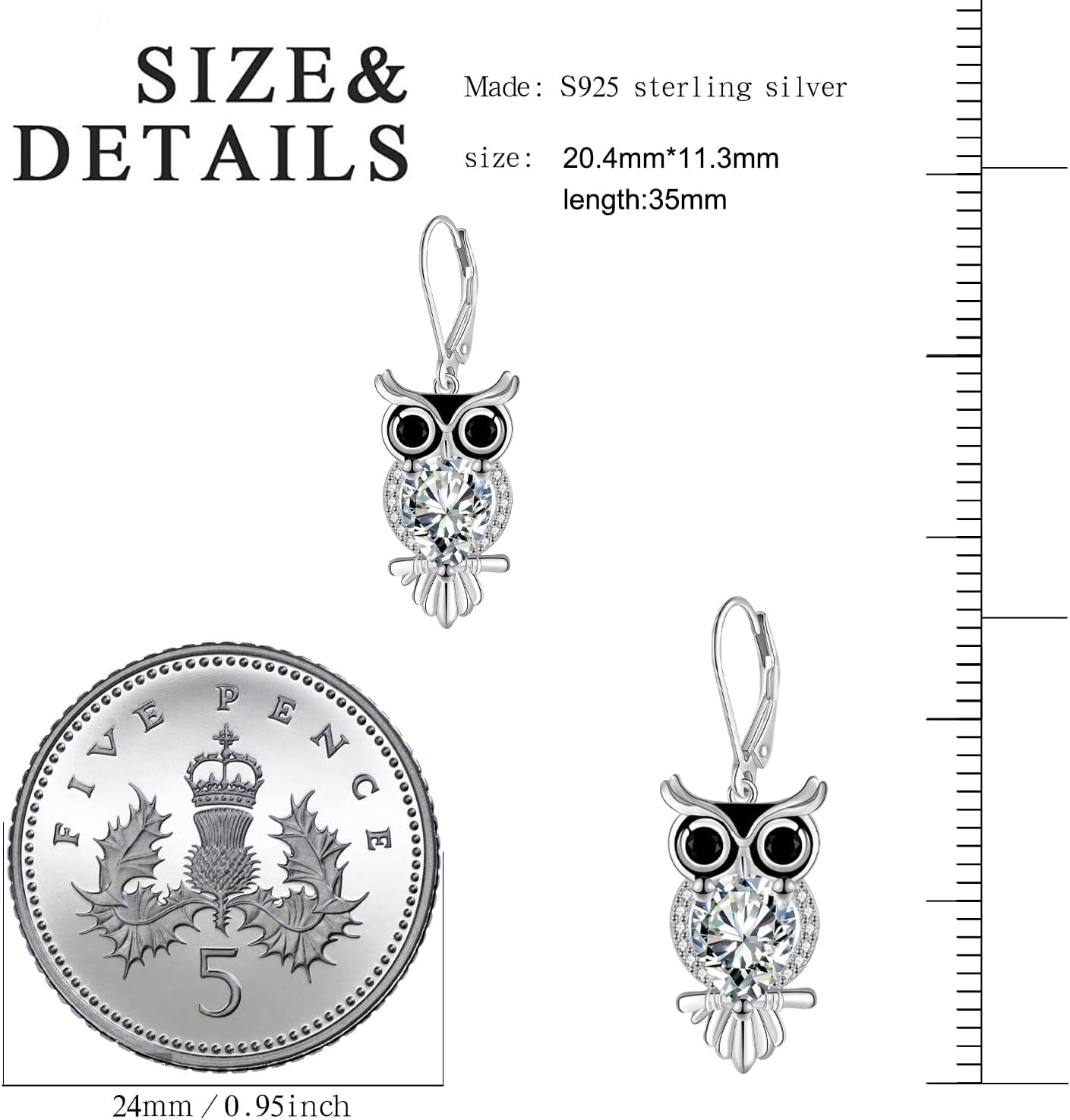 Detalle 2 de J.WUEN boucles d’oreilles pendantes femme en argent 925 avec hiboux et zirconite cubique