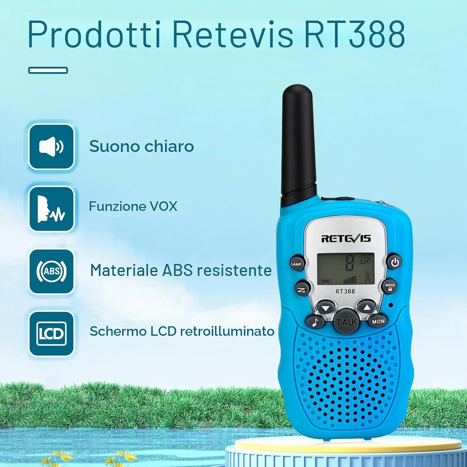 Detalle de Retevis RT388 Walkie Talkie Bambini PMR446 con VOX, torcia e 8 canali (1 coppia, blu) per 4-12 anni