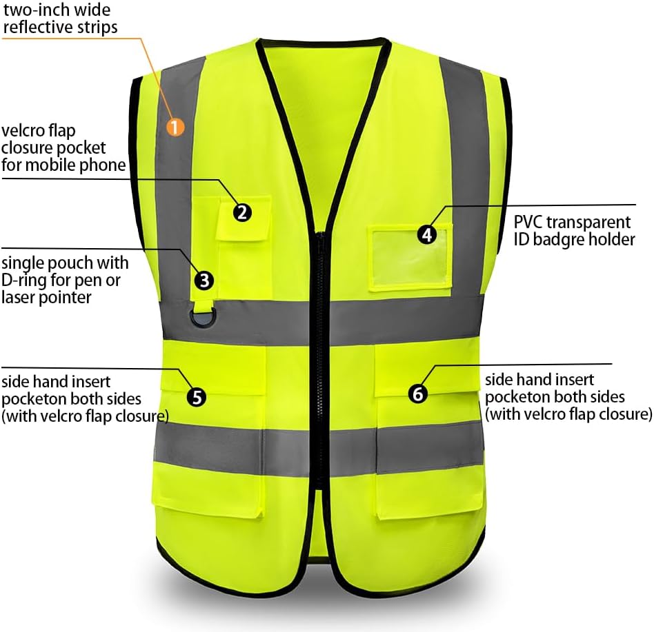Detalle de Hi Vis Vests for Women Men – High Visibility Reflective Safety Vest (Breathable, Zipper Pocket) for Work & Outdoor Use