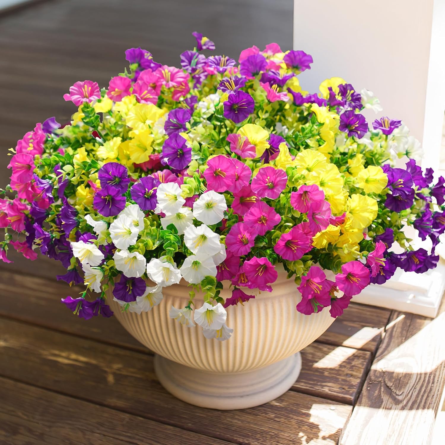 Detalle de HyeFlora UV-Resistant Artificial Morning Glory Flowers (12 Bundles) with Eucalyptus Leaves for Outdoor Planters