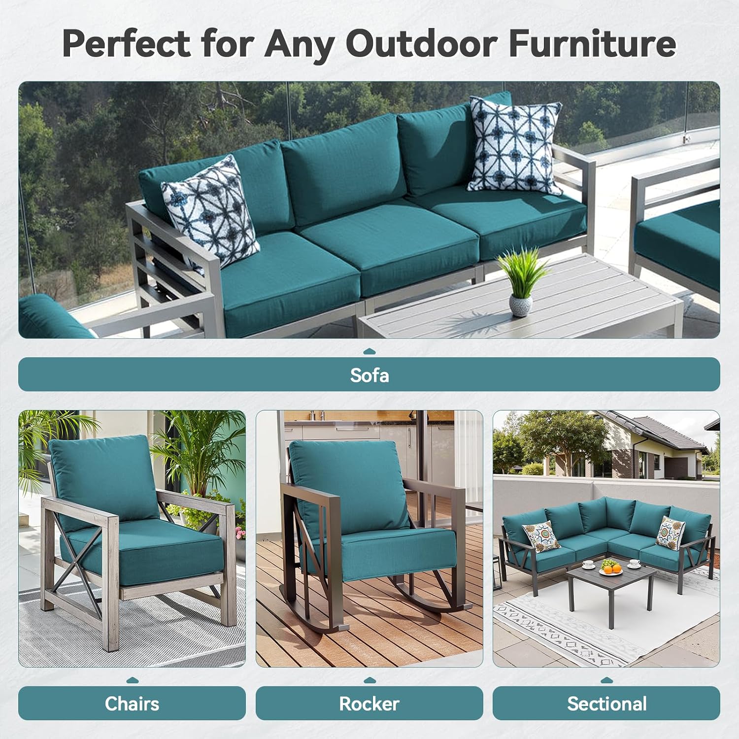 Thumbnail 5 de Pugire 22x24x6 Outdoor Patio Cushions, Peacock Green, Removable Covers