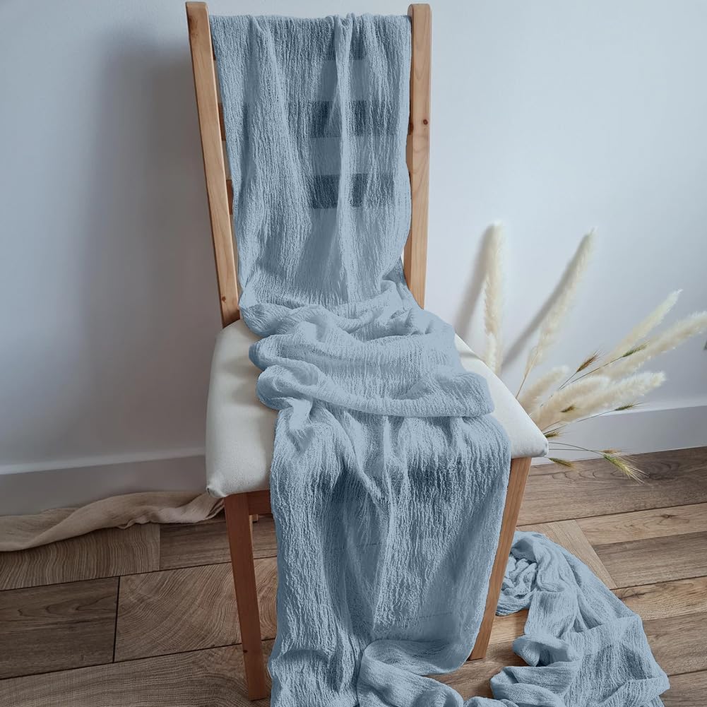 Detalle de AUAUY gasvävsbordslöpare, 2-pack i gråblå polyester, 90 × 300 cm