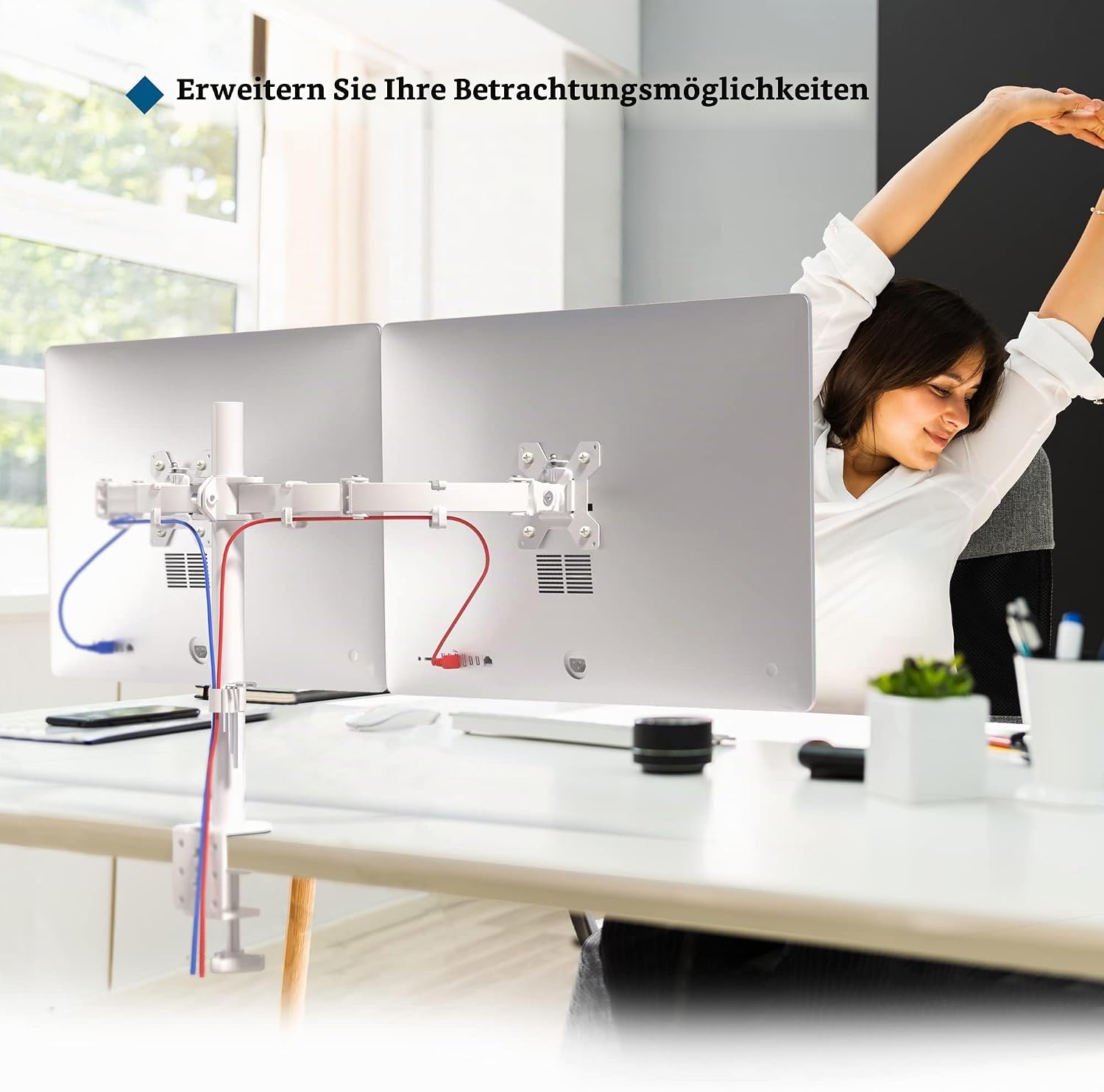 Thumbnail 6 de BONTEC Monitor-Halterung 2 Monitore für 13–27 Zoll (Stahl, Doppelarm, höhenverstellbar) – VESA 75/100, 10 kg pro Arm, weiß