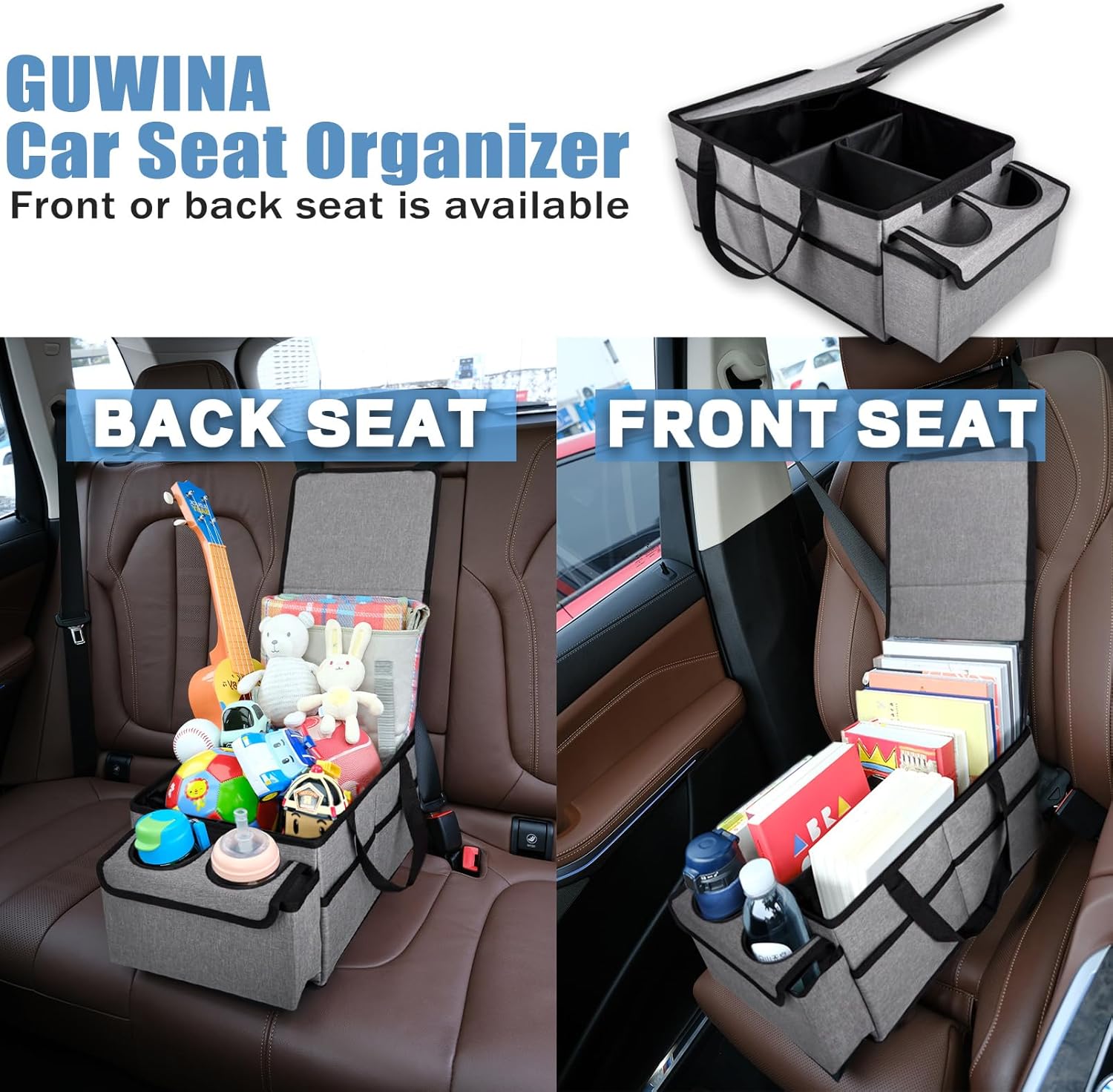Thumbnail 4 de GUWINA Car Backseat Organiser (Grey) with Lids and Straps – foldable multi-compartment storage for front, rear seats and boot