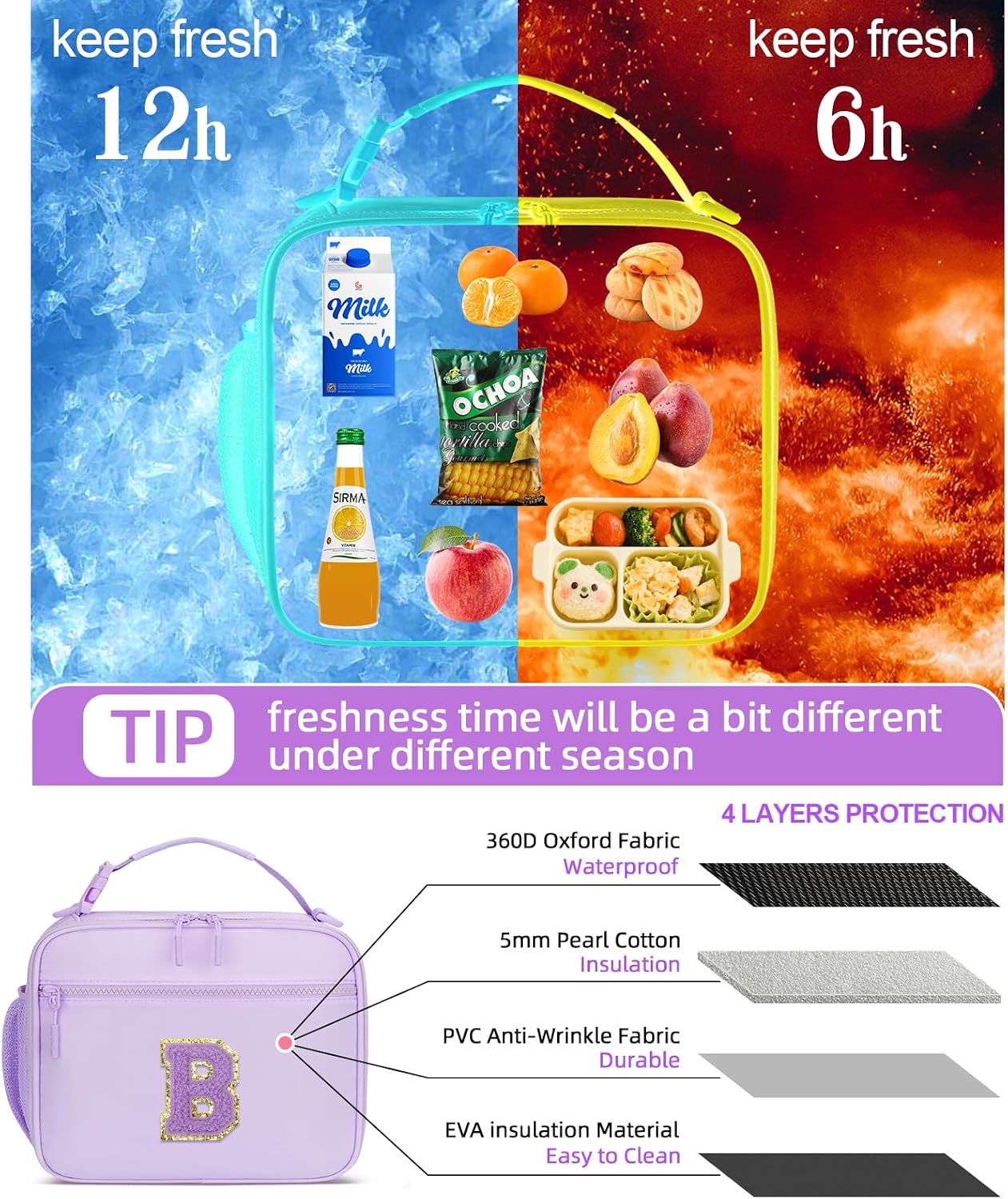 Thumbnail 5 de CLOUDWINGS Kids Initial Lunch Bag: Reusable Insulated Lunch Box for Girls – Purple-B
