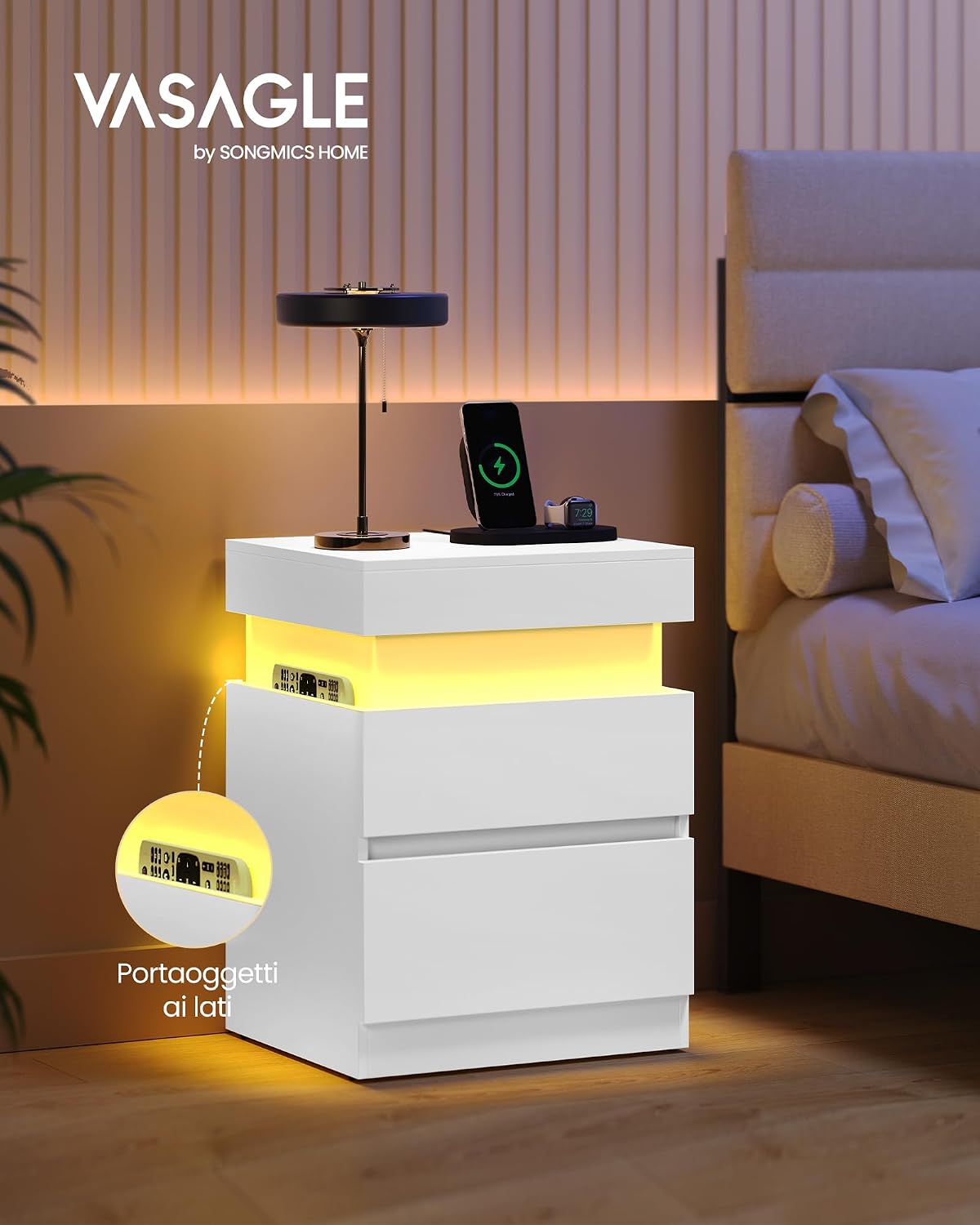 Thumbnail 2 de VASAGLE Collezione KAILYN – Comodino con multipresa integrata, piano scorrevole e striscia LED in Bianco Neve