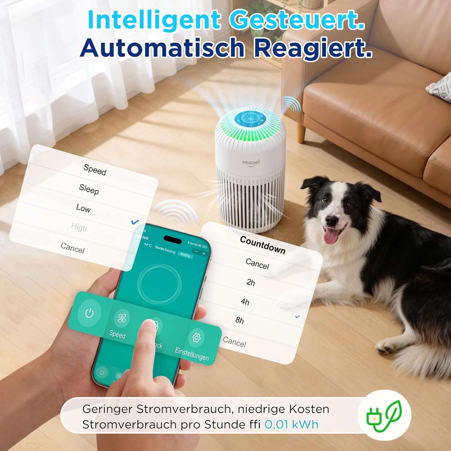 Detalle de PEXCHO Luftreiniger allergiker – 4-in-1 HEPA Filter mit App-Steuerung, Aromatherapie und 28 dB Schlafmodus