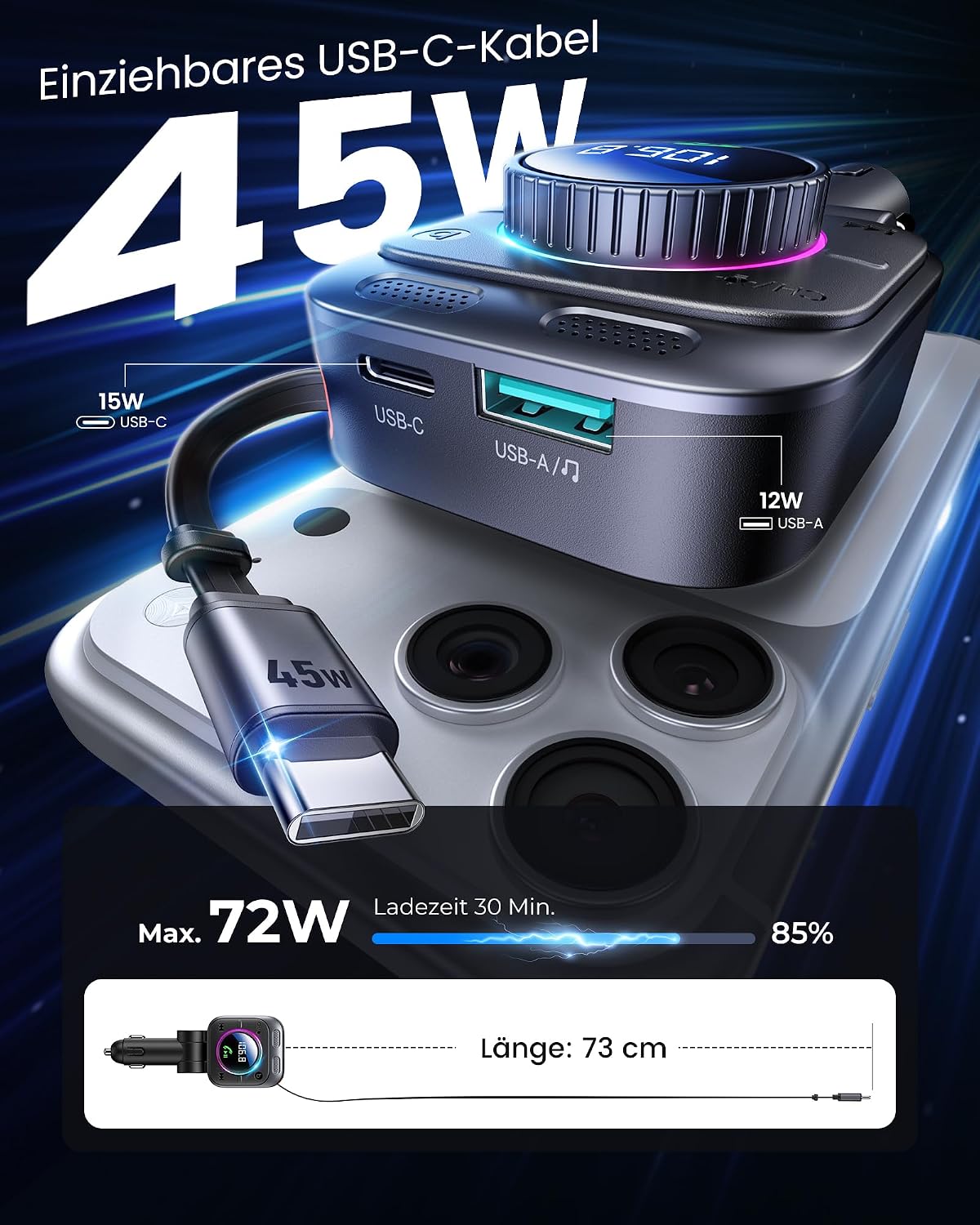 Detalle de LENCENT 72W FM Transmitter Auto Bluetooth 5.4 – kabellose Musik & Freisprecheinheit mit 180° Drehung