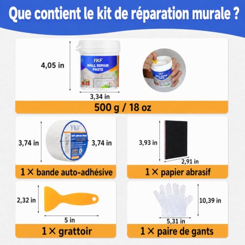 Thumbnail 7 de YKF Wall Repair Kit 500g: Quick-Drying White Wall Filler with Scraper, Sandpaper & Mesh Patch