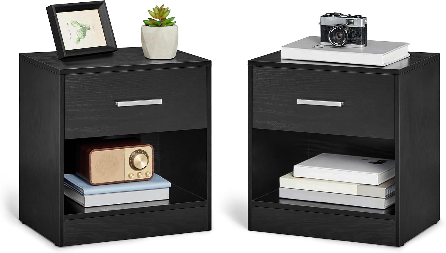 Detalle de VASAGLE LET819T56 set of 2 bedside tables, black, with drawer and open shelf