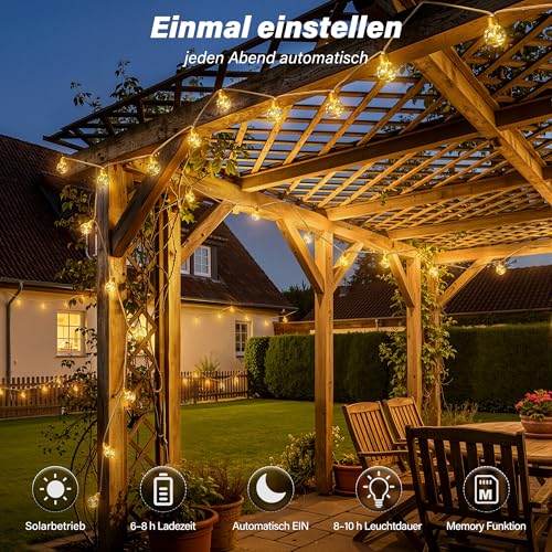 Detalle de Ollny Solar Lichterkette Outdoor 8 m mit 16 LED Glühbirnen – warmweiß, 8 Modi
