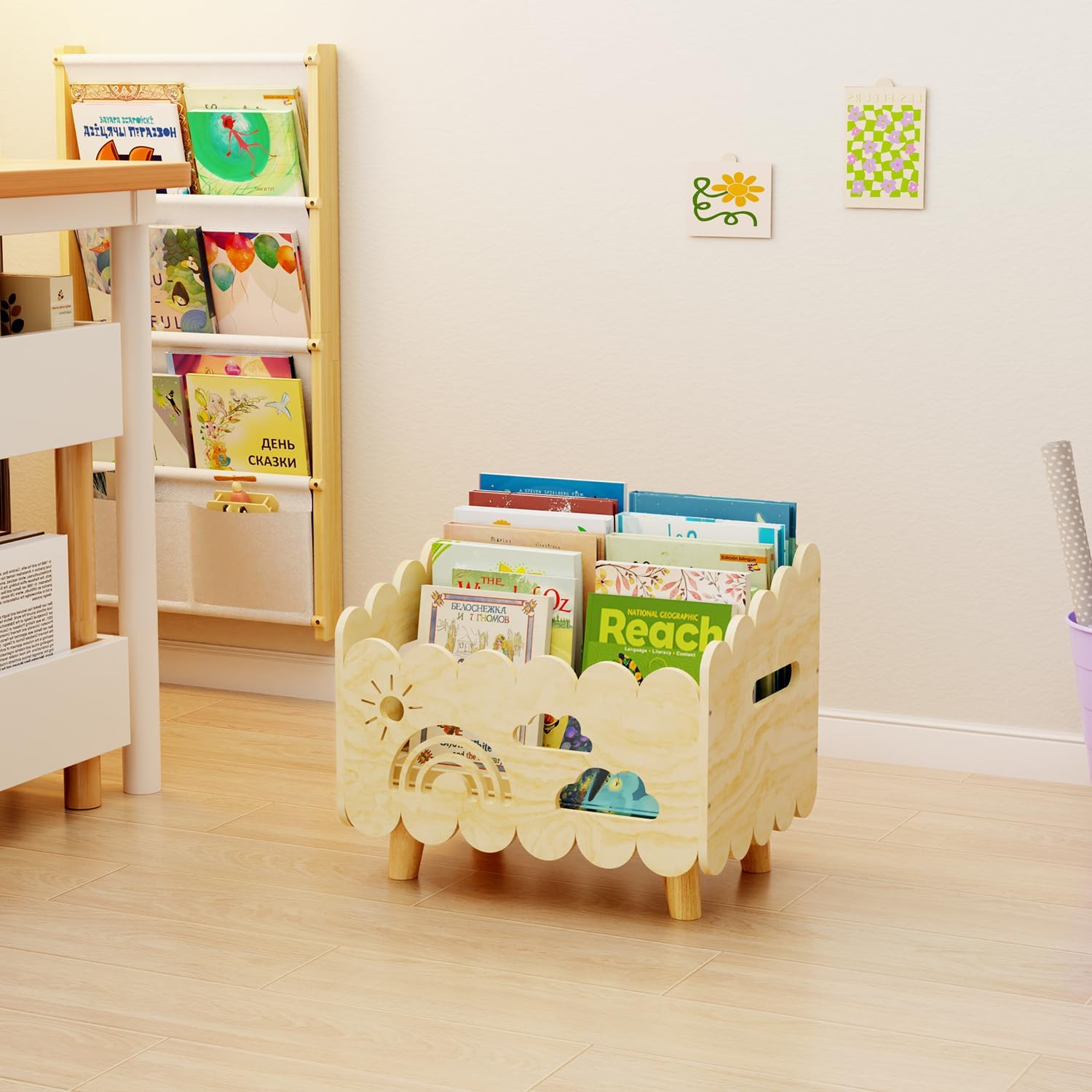 Detalle de DUHARS Kinder Bücherregal Holz – Montessori Möbel für Leseecke, Aufbewahrung & Spielzeug
