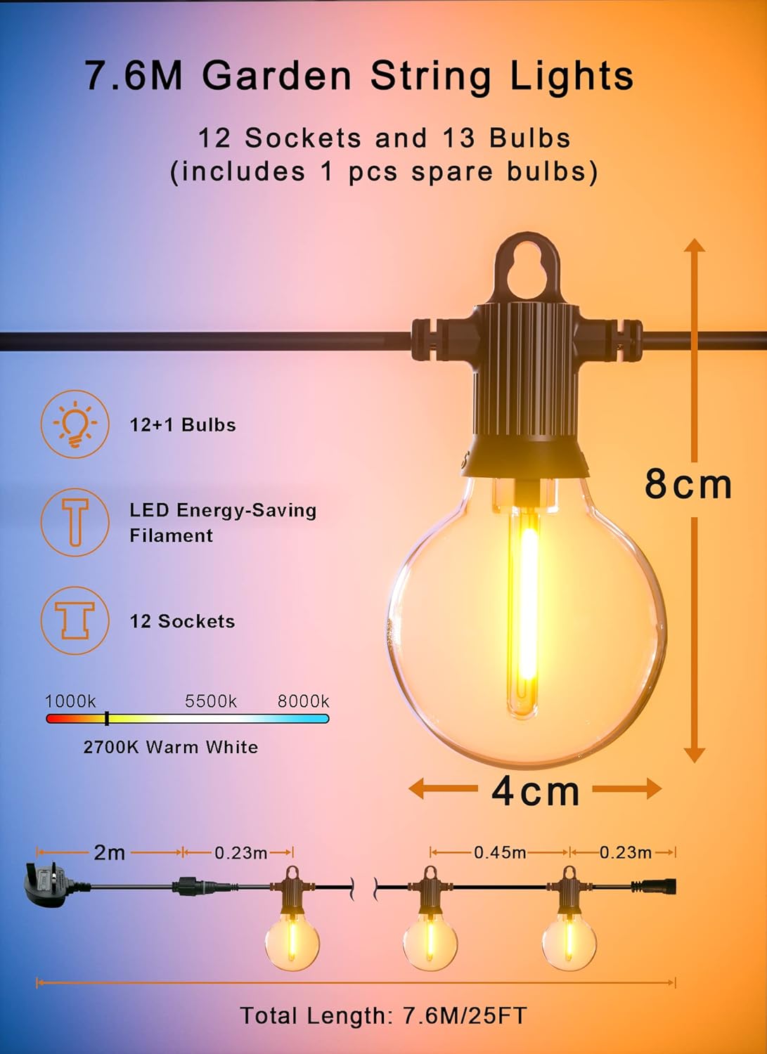 Thumbnail 5 de Outdoor LED String Lights 7.6M / 25 ft Festoon Lights with 12+1 Shatterproof Bulbs for Garden and Patio