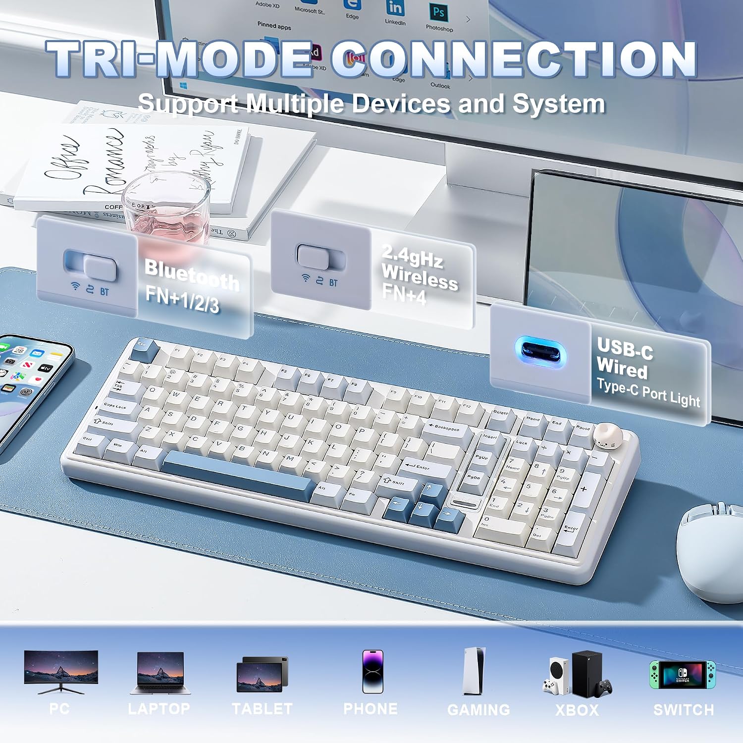 Detalle de YUNZII B98 Pro QMK/VIA Wireless Mechanical Gaming Keyboard (96% layout, hot-swap, BT/2.4G/USB-C, cat knob)