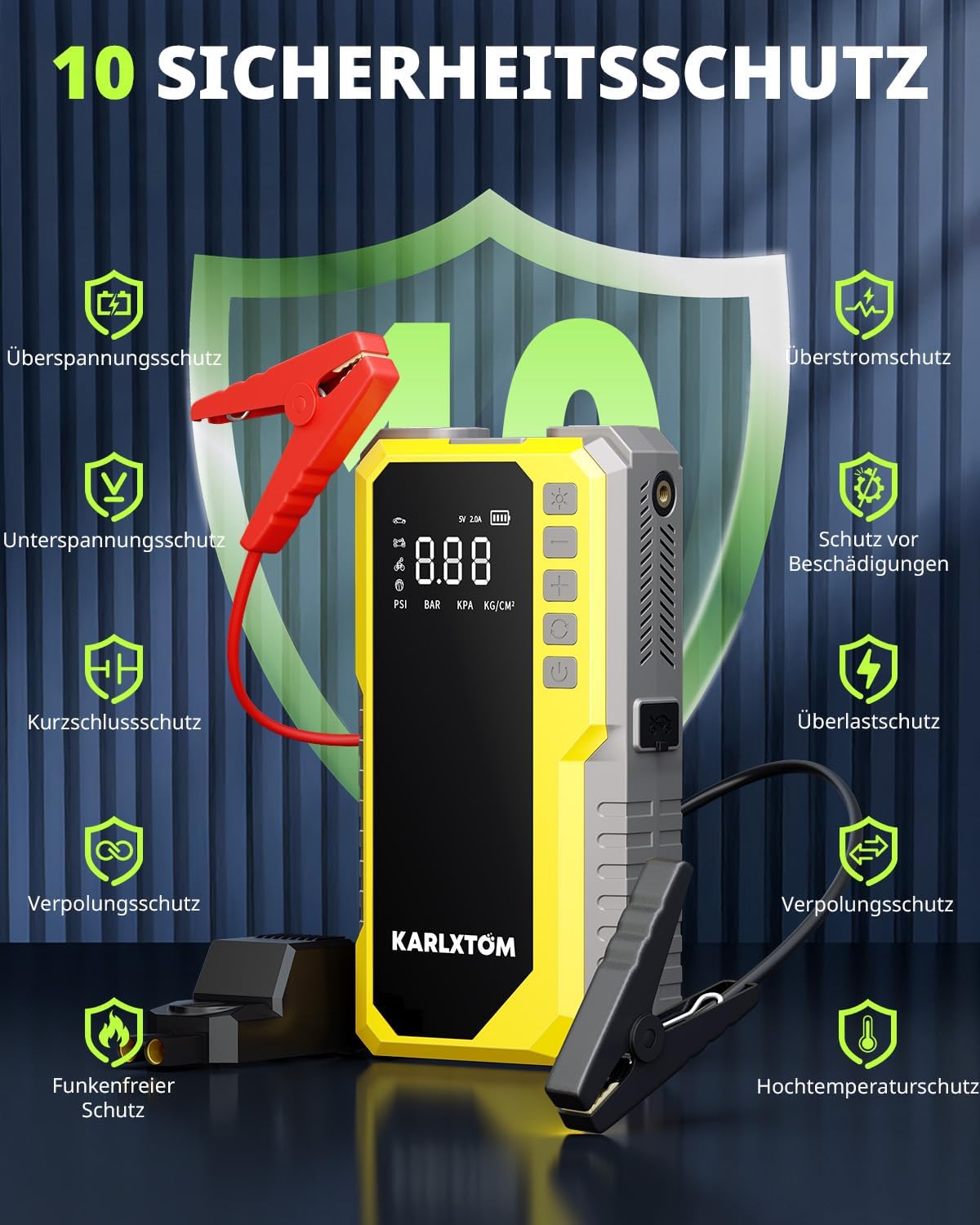 Detalle de Karlxtom Starthilfe Powerbank mit 4500 A, 190 PSI Kompressor, 88 Wh & LED-Licht