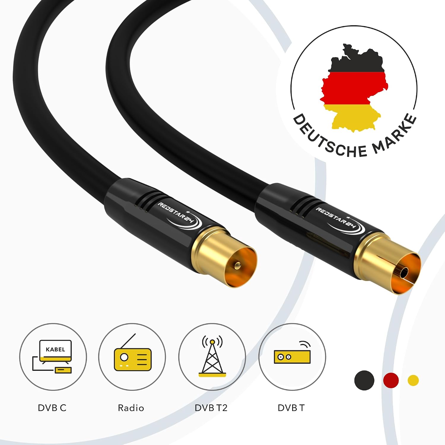 Detalle de RedStar24 Antennenkabel 3 m Schwarz (IEC Stecker auf IEC Buchse) – Koaxialkabel für TV, Radio und DVB
